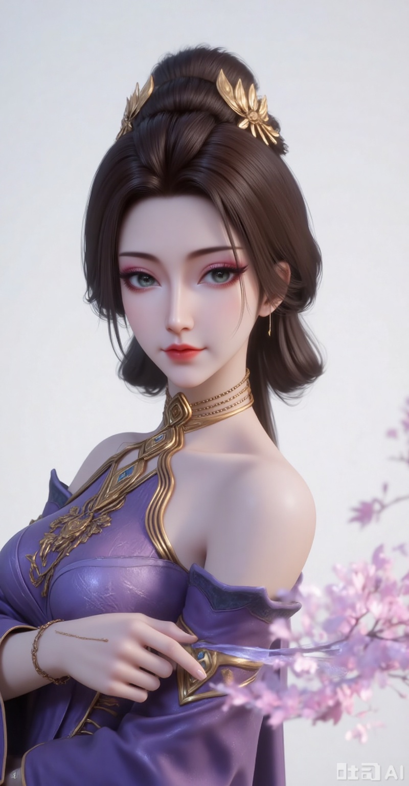 Best quality, masterpiece, 8k, 
1girl, solo, black hair, hair ornament, dress, holding, bare shoulders, detached sleeves, hair bun, purple dress,
 white_background,simple background,
cover,gradient background,close-up details,outstanding style,adding a touch of dimension to your images without compromising details,close-up,(highres:1.2),colorful,
lvjing,guanghuapifu,pifu,fanfuren