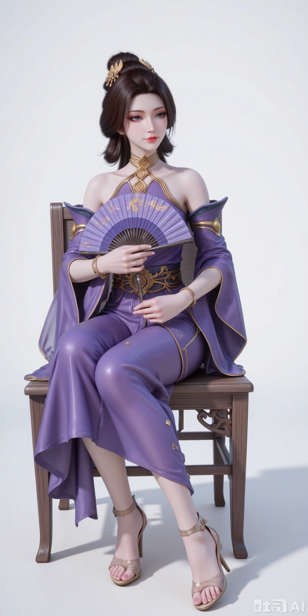 Best quality, masterpiece, 8k, 
1girl, solo, black hair, hair ornament, dress, holding, bare shoulders, detached sleeves, hair bun, purple dress,full body,sandals,high heeled sandals,stiting,holding,fan,holding fan,chair,wooden chair,
 white_background,simple background,
cover,gradient background,close-up details,outstanding style,adding a touch of dimension to your images without compromising details,close-up,(highres:1.2),colorful,
lvjing,guanghuapifu,pifu,fanfuren