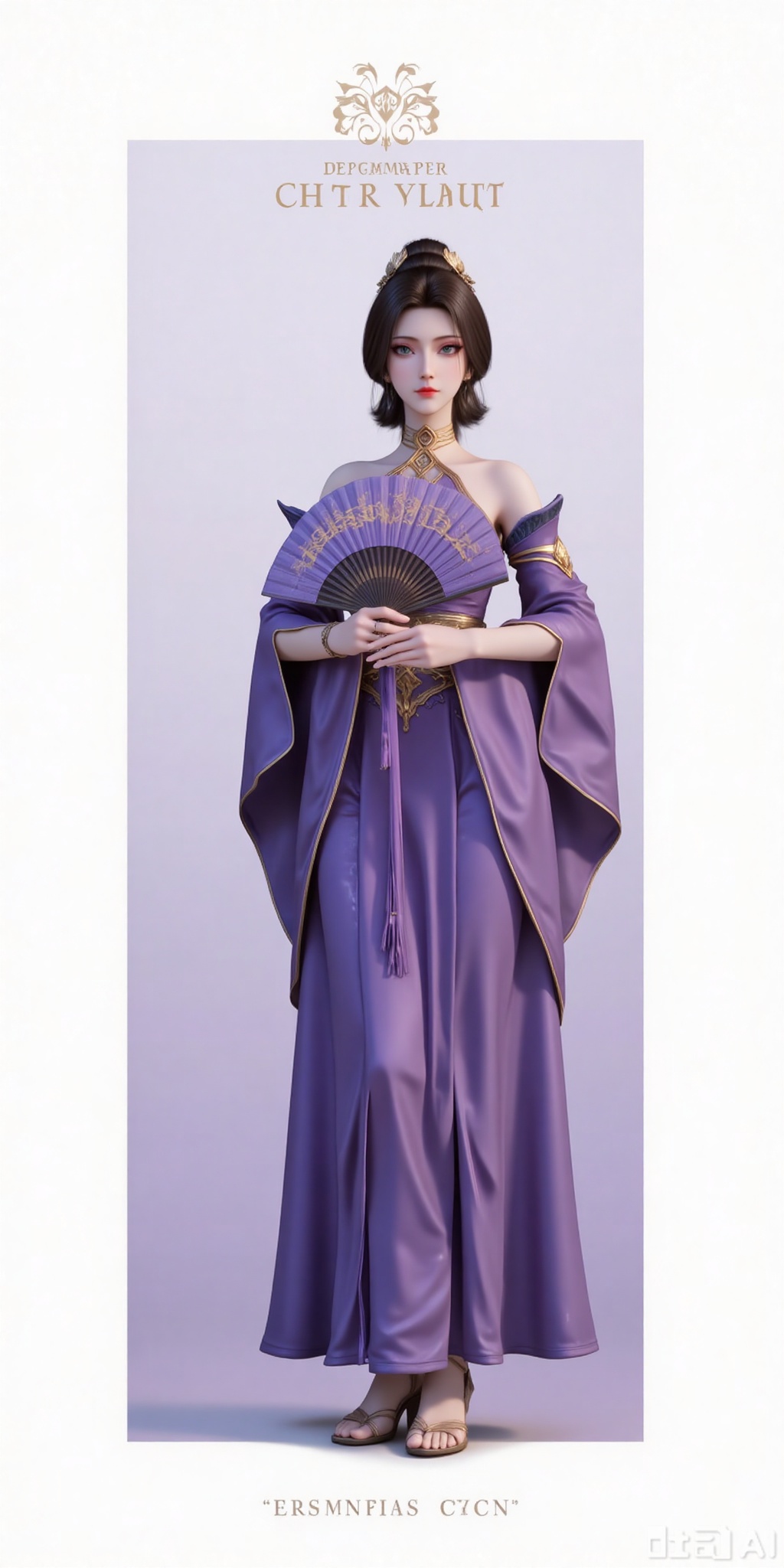 Best quality, masterpiece, 8k, 
1girl, solo, black hair, hair ornament, dress, holding, bare shoulders, detached sleeves, hair bun, purple dress,full body,shoes,standing,holding,fan,holding fan,
 white_background,simple background,
cover,gradient background,close-up details,outstanding style,adding a touch of dimension to your images without compromising details,close-up,(highres:1.2),colorful,
lvjing,guanghuapifu,pifu,fanfuren