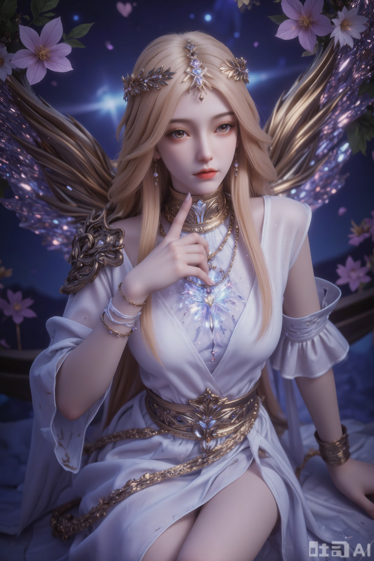 "Realistic CGI, close-up of a young woman with pale skin and flowing blonde hair. She wears a grand crown with intricate designs and a delicate blue gem in front. Her eyes are big and expressive
With large, gorgeous wings and a grand white dress, paired with a blue belt and gold decoration, and a gold bracelet on the left arm
Super realistic and beautiful illustration, the girl sits on the altar of the starry dome composed of giant flowers. One hand gently supports the jaw and stares into the distance, and the other hand stretches to awaken the fluttering luminous flower seeds. The giant luminous stamen under the altar spreads the faint blue light from bottom to top, illuminating the star fog floating between her eyelashes covered with crystal teardrops and slightly opened lips. The background is an enchanted forest hanging upside down on the galaxy: glowing ferns droop like emerald waterfalls, suspended firefly dandelions and iridescent jellyfish-like spores, and aurora veils flowing among the silhouettes of the mountains in the distance. The colors are mainly silver purple, fog blue, and firefly powder, and the light and shadow are as hazy and ethereal as a dream.