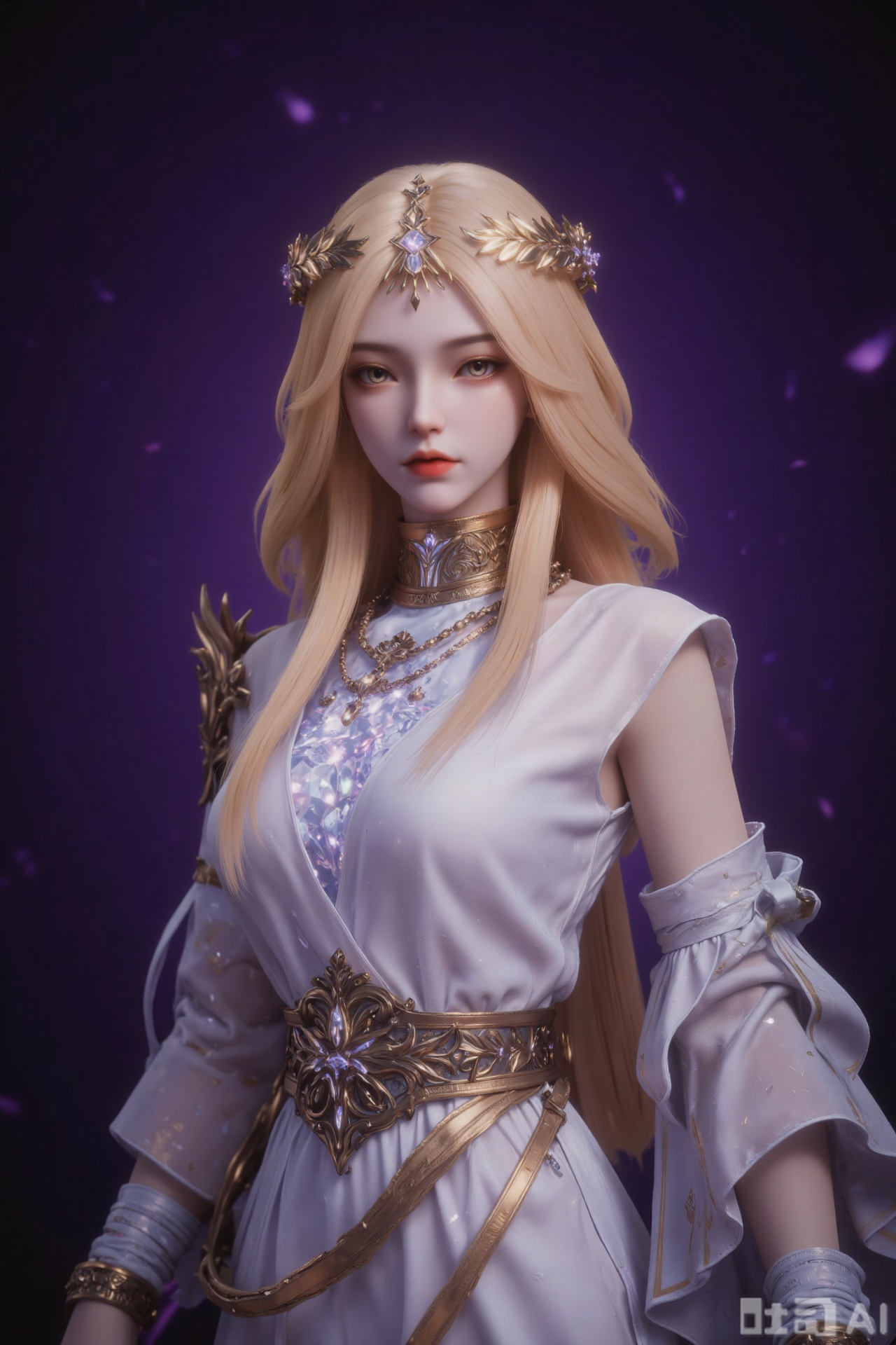 The image depicts a character with long, flowing blonde hair adorned with a golden headpiece featuring leaves and a central gemstone. The character is wearing a white garment with gold accents and a choker-like accessory around the neck. The background is a deep, dark purple, creating a contrast with the character's light-colored attire. The overall aesthetic suggests a fantasy or mythical theme.