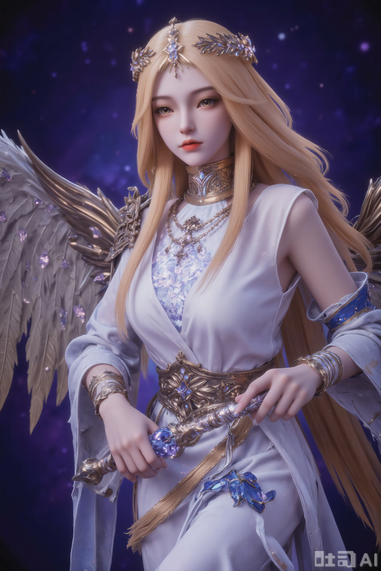 Realistic CGI, close-up of a young woman with pale skin and flowing blonde hair. She wore a grand crown with intricate designs and a delicate blue gem in front. Her eyes are big and expressive
With large, gorgeous wings and a grand white dress, paired with a blue belt and gold decoration, wearing a gold bracelet on his left arm holding a staff with a glowing blue orb in his hand
The background is a deep starry night sky, adding to the paradise-like atmosphere. The image is vibrant, mixing soft and sharp textures to create a fantastic and otherworldly effect. The style is meticulous and refined, emphasizing beauty and tranquility.