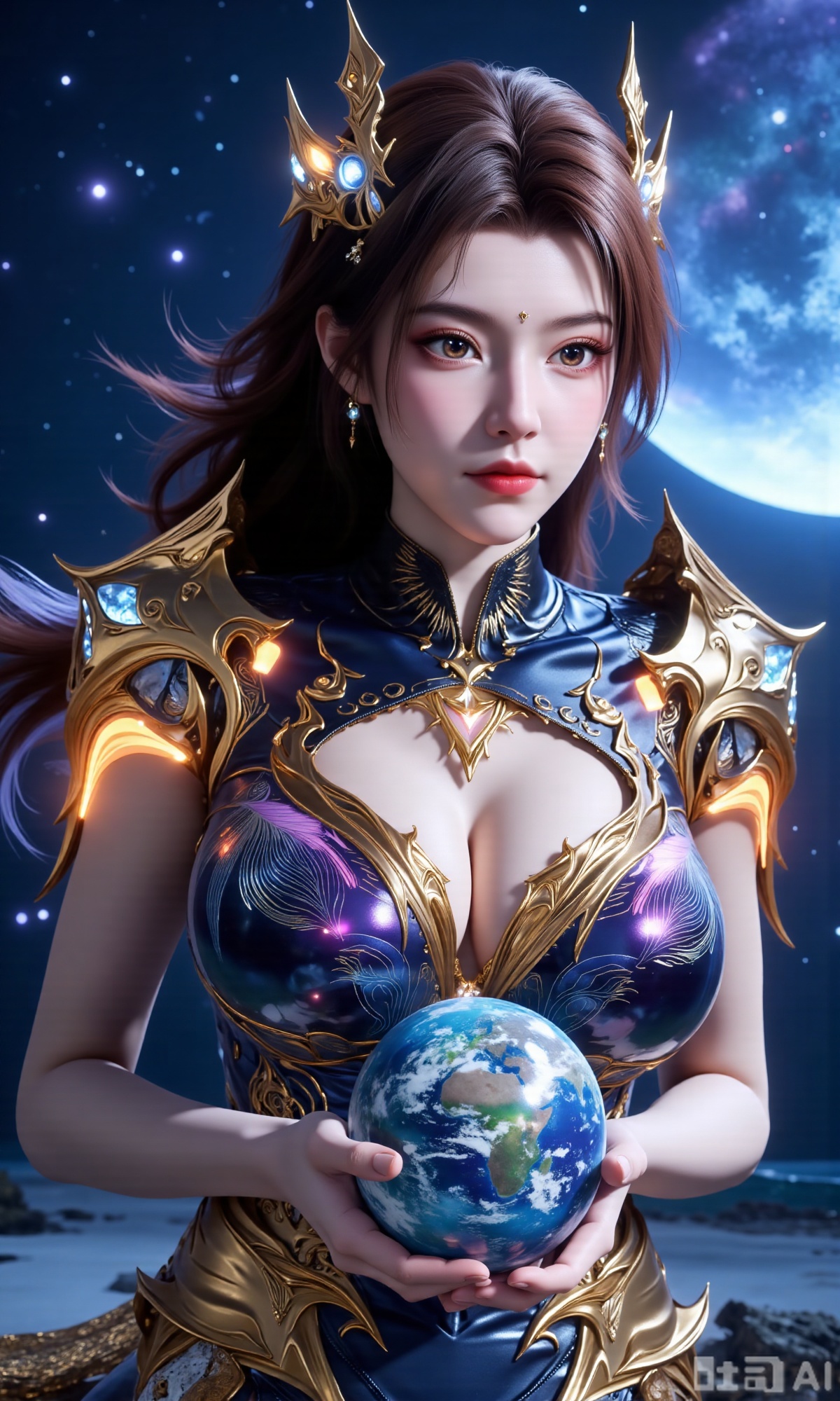 (masterpiece, best quality:1.2),Realistic details, ultra-clear, wallpaper, 8k, masterpiece, masterpiece, best quality, high quality, flowing long hair, exquisite hair accessories, headdresses, cyberpunk electronic luminous clothing, full body multi-luminous line light strips, cyberpunk luminous lines colorful. The sacred light, the cosmic space background, the planets of different colors around, the nebula flows, the stars twinkle, the golden willow branches stretch, holding an earth with both hands, the details of the earth's surface, the texture of mountains, rivers and oceans, the surrounding planets, planets of all sizes, traces of planets orbits, dreamy light and shadow effects.,(huge breasts:2.99),(full breasts:2.99),,XyunxiaoYH3,Xfenlanzhanguopao,XbaifengsongyuYH,Xbigbreasts,XLiquidGlass,XnanxiaochengYH,Xmiaozufushi,Xkejinnudi,Xbiji,Xjkgeziqun,Xlaceshuiqun,Xbingdi