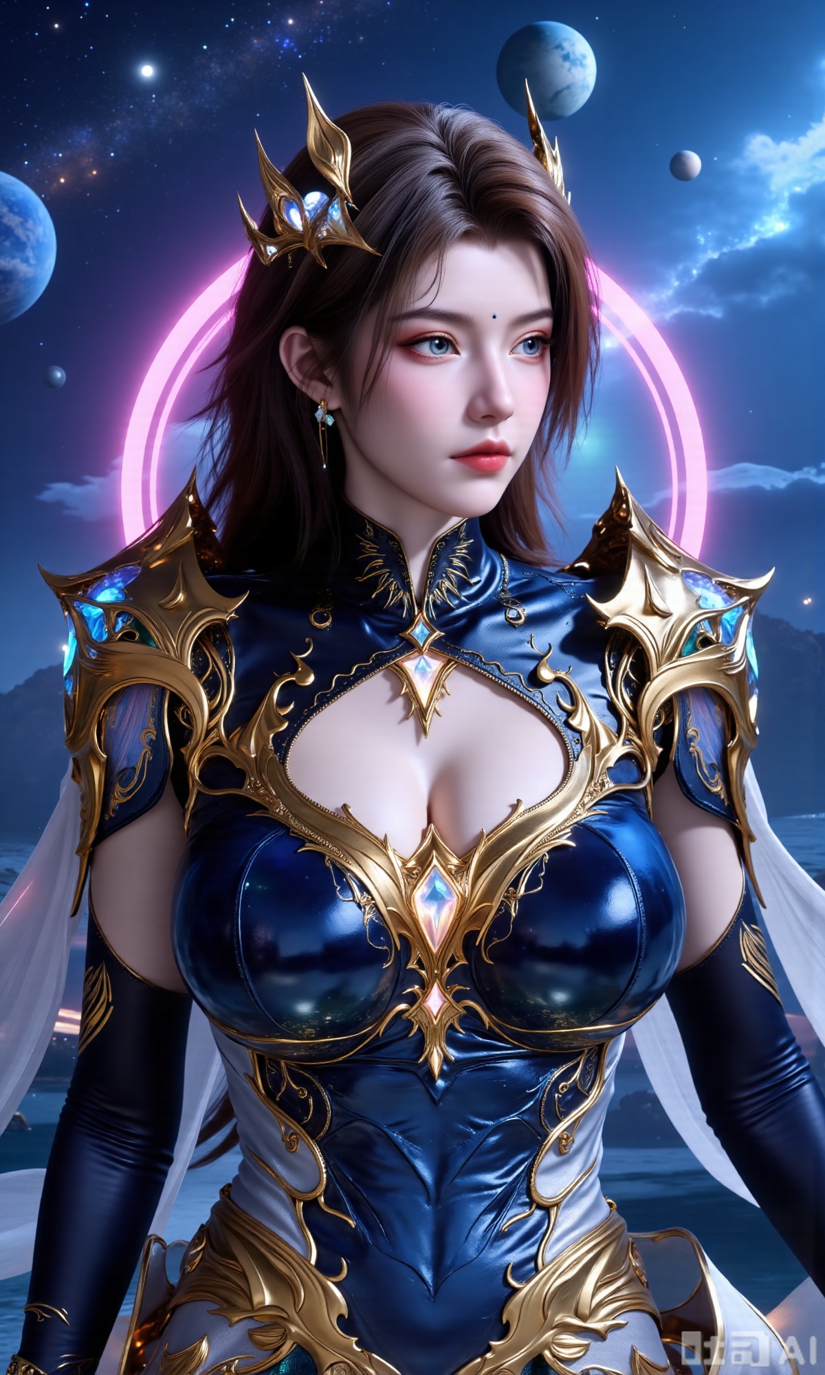 (masterpiece, best quality:1.2),Realistic details, ultra-clear, wallpaper, 8k, masterpiece, masterpiece, best quality, high quality, flowing long hair, exquisite hair accessories, headdresses, cyberpunk electronic luminous clothing, full body multi-luminous line light strips, cyberpunk luminous lines colorful. The sacred light, the cosmic space background, the planets of different colors around, the nebula flows, the stars twinkle, the golden willow branches stretch, holding an earth with both hands, the details of the earth's surface, the texture of mountains, rivers and oceans, the surrounding planets, planets of all sizes, traces of planets orbits, dreamy light and shadow effects.,(huge breasts:2.99),(full breasts:2.99),,XyunxiaoYH3,Xfenlanzhanguopao,XbaifengsongyuYH,Xbigbreasts,XLiquidGlass,XnanxiaochengYH,Xmiaozufushi,Xkejinnudi,Xbiji,Xjkgeziqun,Xlaceshuiqun,Xbingdi