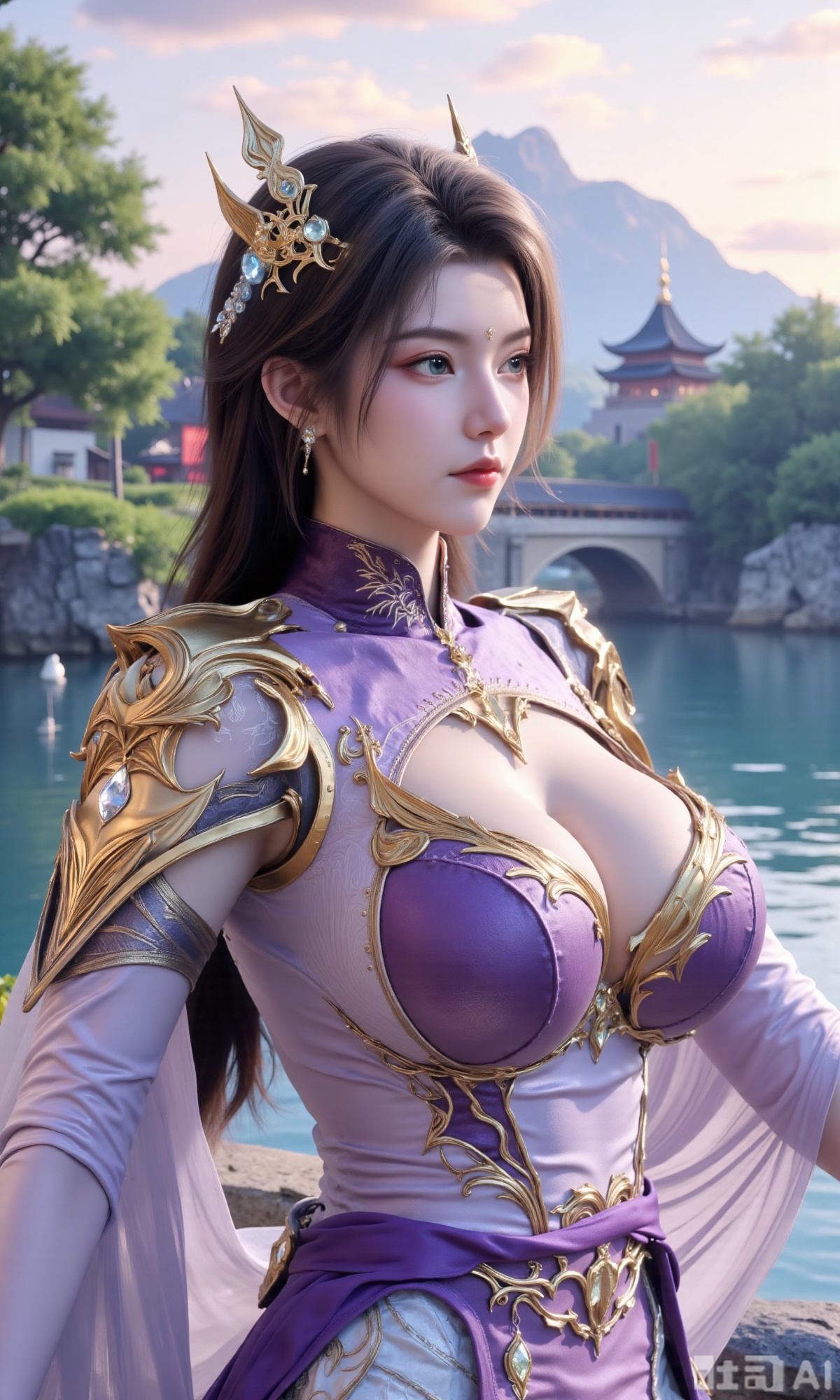 (masterpiece, best quality:1.2),1 girl, solo, long hair, black hair, hair accessories, clothing, cleavage cuts, long dress, jewelry, upper body, earrings. Background is outdoor, sky, clouds, water, trees, architecture, landscape, lantern, mountain, dragon, architecture, bridge, east Asian architecture, fog, pagoda,,(huge breasts:2.99),(full breasts:2.99),XyunxiaoYH3,Xfenlanzhanguopao,XbaifengsongyuYH,Xbigbreasts,XLiquidGlass,XnanxiaochengYH,Xmiaozufushi,Xkejinnudi,Xbiji,Xjkgeziqun,Xlaceshuiqun,Xbingdi