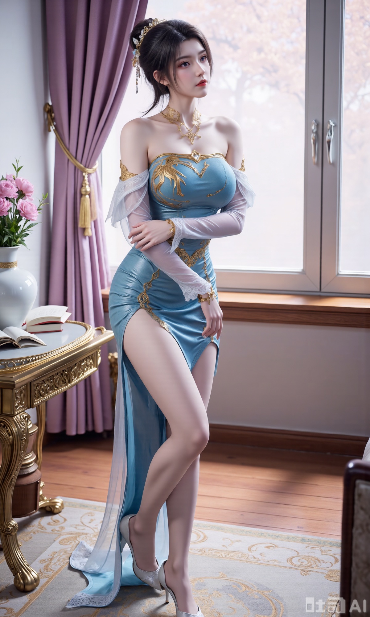 (masterpiece:1.2),Ultra clear, 8k, 1girl, solo, long hair, looking at viewer, bangs,long dress,, bare shoulders, jewelry, black hair, standing, purple eyes, full body, flower, thighs, indoors, hair bun, long dress, high heels, cup, see-through, book, bare legs, window, table, white footwear, standing on one leg, curtains, pink flower, side slit, vase, ,(huge breasts:2.99),(full breasts:2.99),XyunxiaoYH3,Xfenlanzhanguopao,XbaifengsongyuYH,Xbigbreasts,XLiquidGlass,XnanxiaochengYH,Xmiaozufushi,Xkejinnudi,Xbiji,Xjkgeziqun,Xlaceshuiqun,Xbingdi