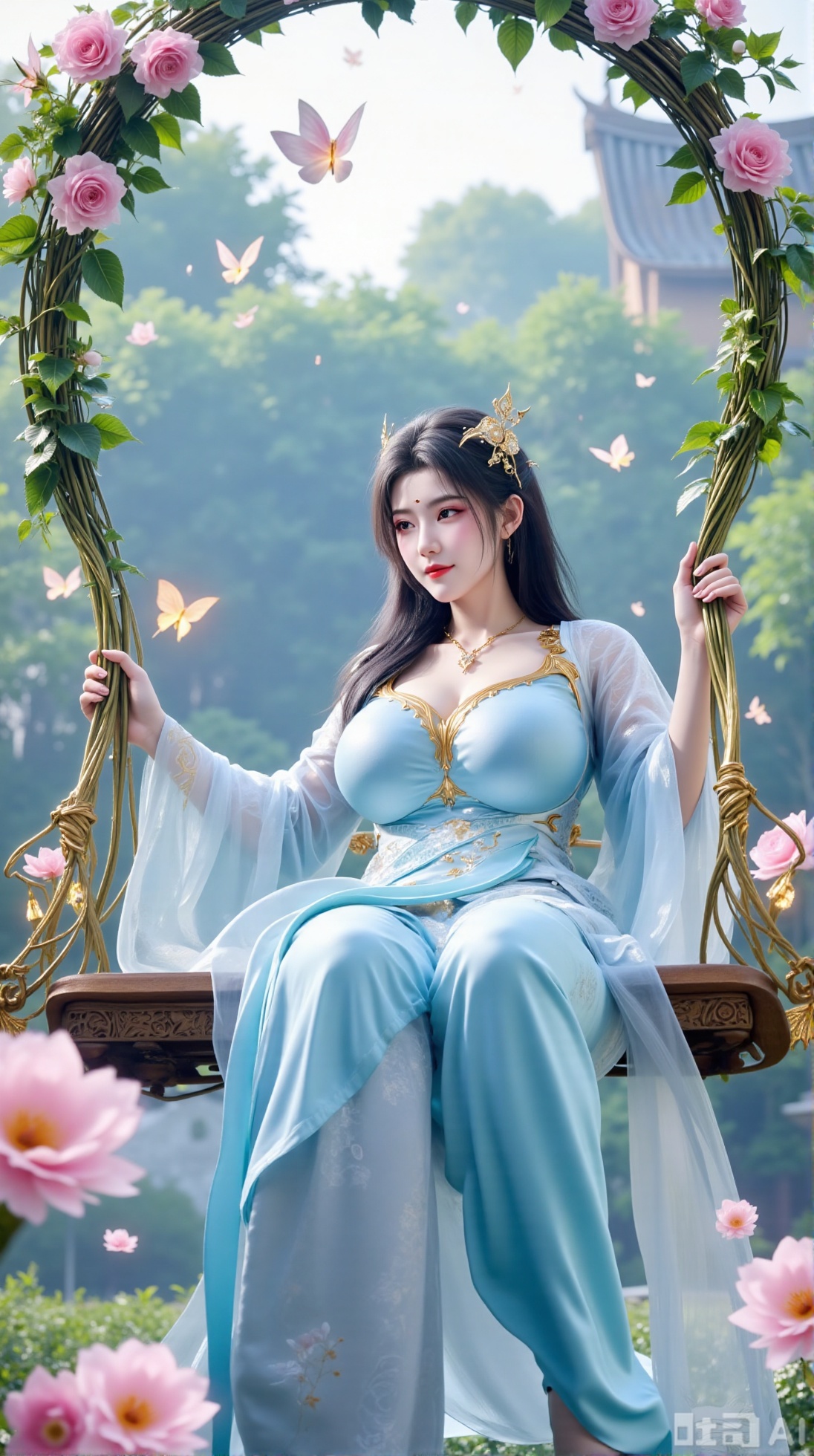(masterpiece, best quality:1.2),In a cinematic shot with soft sunlight filtering through petals, a delicate fairy-like beauty swings gently on a flower swing amidst a whimsical garden. She wears a pale blue hanfu with flowing wide sleeves and a translucent silk sash tied around her slender figure. Her long black hair with blue highlights cascades down her back, adorned with a pearl hairpin. A gentle smile plays on her innocent eyes as she floats above the flowers, surrounded by fluttering butterflies and golden pollen particles. Magical runes float in the air, casting an ethereal glow. Vines wrap around the ropes of the swing, intertwined with roses and morning glories. The pastel color palette and fantasy atmosphere evoke a sense of wonder and enchantment.,(huge breasts:2.99),(full breasts:2.99),,Xaili2,XyunxiaoYH5,XlinziyueXZ,XtuliH,Xbigbreasts,XMedusaQueen,Xnanhangzhifu,Xjkgeziqun,Xbingbing