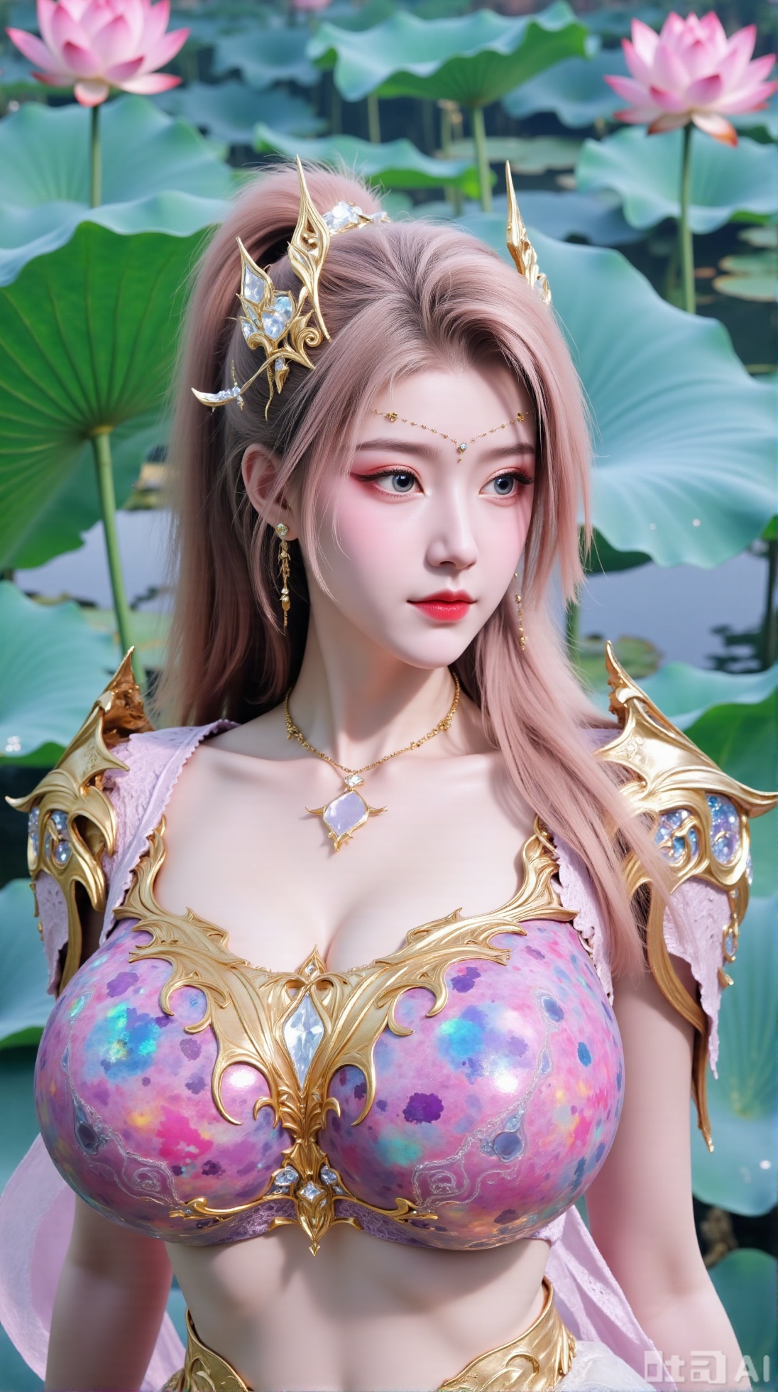 (masterpiece, best quality:1.2),1girl, navel, solo, midriff, bare shoulders, hair ornament,(long hair),(High double ponytail:1.49), red lips, BREAK, (looking at viewer:1.39), chinese clothes,(Holographic long dress:1.36), (lace,Rainbow Gradient Color:1.28), BREAK,blurry, solo focus, long hair, lips, daytime, lipstick, outdoors, standing,upper body,(huge breasts:2.89), background, solo, makeup,(Liquid glass style flowers:1.49),(huge breasts:2.99),(full breasts:2.99),,(Background with lotus pond and pink lotus flowers:1.39),Xaili2,XyunxiaoYH5,XlinziyueXZ,XtuliH,Xbigbreasts,XMedusaQueen,Xnanhangzhifu,Xjkgeziqun,Xbingbing