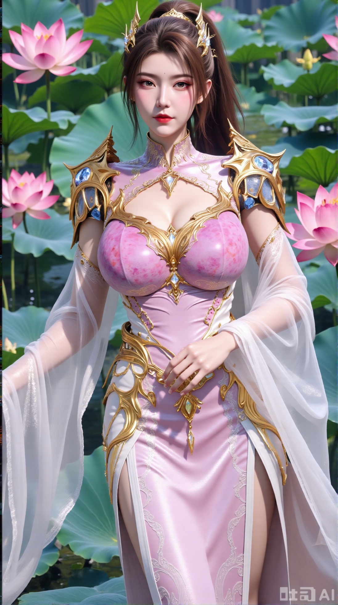 (masterpiece, best quality:1.2),1girl, navel, solo, midriff, bare shoulders, hair ornament,(long hair),(High double ponytail:1.49), red lips, BREAK, (looking at viewer:1.39), chinese clothes,(Holographic long dress:1.36), (lace,Rainbow Gradient Color:1.28), BREAK,blurry, solo focus, long hair, lips, daytime, lipstick, outdoors, standing,upper body,(huge breasts:2.89), background, solo, makeup,(Liquid glass style flowers:1.49),(huge breasts:2.99),(full breasts:2.99),,(Background with lotus pond and pink lotus flowers:1.39),Xaili2,XyunxiaoYH5,XlinziyueXZ,XtuliH,Xbigbreasts,XMedusaQueen,Xnanhangzhifu,Xjkgeziqun,Xbingbing