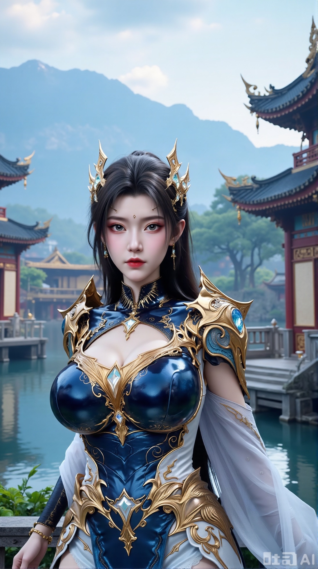 (masterpiece, best quality:1.2),1 girl, solo, long hair, black hair, hair accessories, clothing, cleavage cuts, long dress, jewelry, upper body, earrings. Background is outdoor, sky, clouds, water, trees, architecture, landscape, lantern, mountain, dragon, architecture, bridge, east Asian architecture, fog, pagoda,(huge breasts:2.99),(full breasts:2.99),Xaili2,XyunxiaoYH5,XlinziyueXZ,XtuliH,Xbigbreasts,XMedusaQueen,Xnanhangzhifu,Xjkgeziqun,Xbingbing