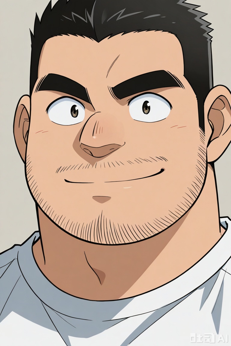 very awa, masterpiece, best quality, highres, absurdres,
by Gôshô Aoyama, 1man,Joseph Meguire, macho,
1man, solo, looking at viewer, smile, short hair, shirt, black hair, closed mouth, male focus, muscular, facial hair, thick eyebrows, muscular male, portrait, bara, beard, close-up, sideburns, mature male, stubble, personable, macho,