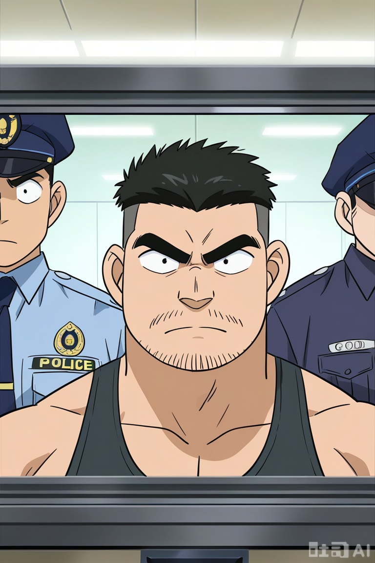 masterpiece, best quality, highres, absurdres,
by Gôshô Aoyama, 
Joseph Meguire,Police officer, the case scene, meticulous, investigation, serious expression,
1man, solo, looking at viewer, cool,short hair,**** top, black hair, closed mouth, male focus,facial hair,upper_body, bara, beard, close-up, sideburns, stubble, personable, macho,