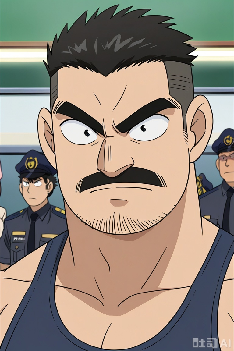 masterpiece, best quality, highres, absurdres,
by Gôshô Aoyama, 
Joseph Meguire,Police officer, the case scene, meticulous, investigation, serious expression,
1man, solo, looking at viewer, cool,short hair,**** top, black hair, closed mouth, male focus,facial hair,upper_body, bara, beard, close-up, sideburns, stubble, personable, macho,