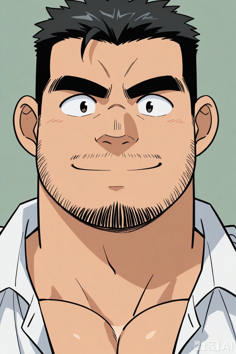 very awa, masterpiece, best quality, highres, absurdres,
by Gôshô Aoyama, 1man,Joseph Meguire, macho,
1man, solo, looking at viewer, smile, short hair, shirt, black hair, closed mouth, male focus, muscular, facial hair, thick eyebrows, muscular male, portrait, bara, beard, close-up, sideburns, mature male, stubble, personable, macho,