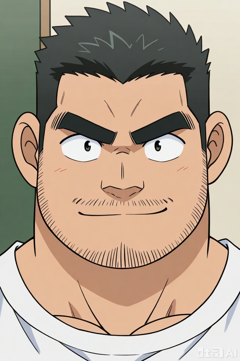 very awa, masterpiece, best quality, highres, absurdres,
by Gôshô Aoyama, 1man,Joseph Meguire, macho,
1man, solo, looking at viewer, smile, short hair, shirt, black hair, closed mouth, male focus, muscular, facial hair, thick eyebrows, muscular male, portrait, bara, beard, close-up, sideburns, mature male, stubble, personable, macho,
