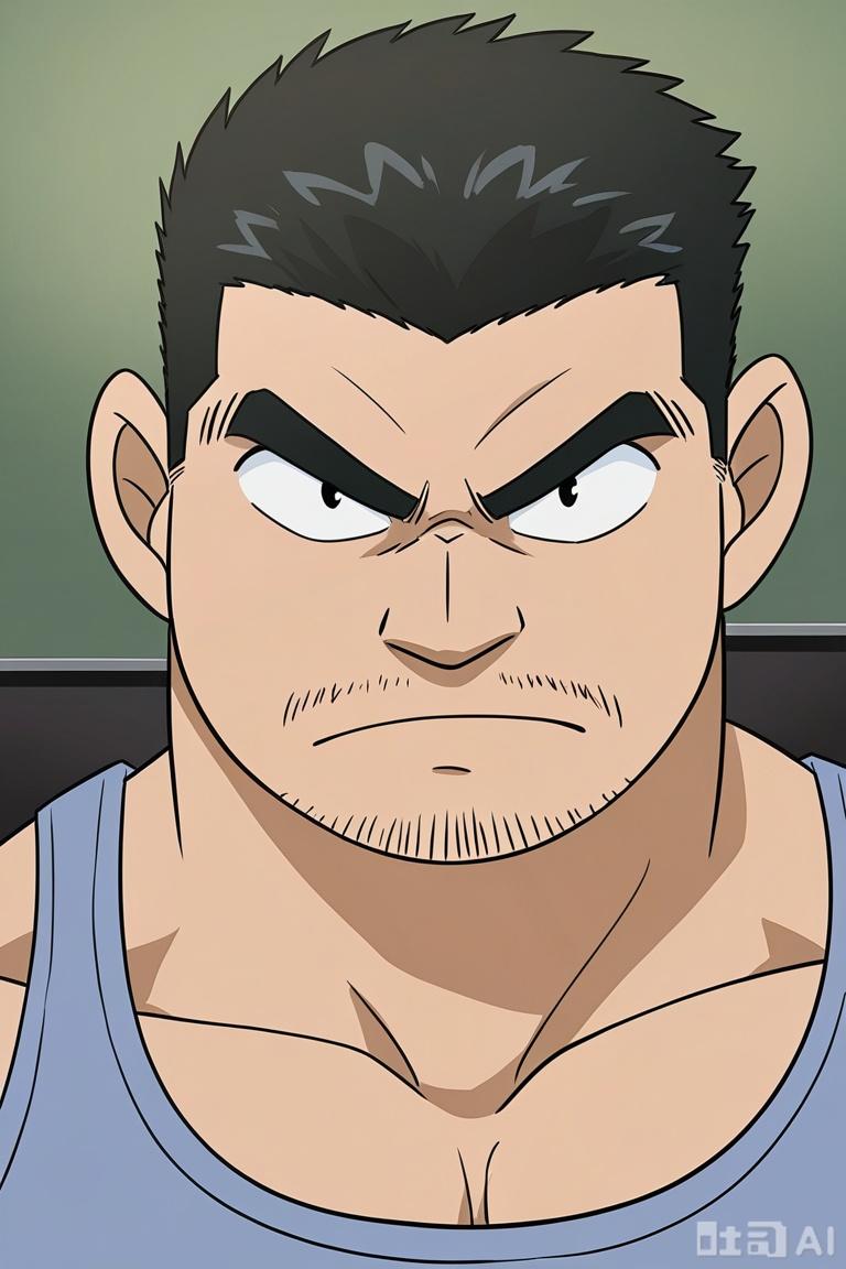 masterpiece, best quality, highres, absurdres,
by Gôshô Aoyama, 
Joseph Meguire,Police officer, the case scene, meticulous, investigation, serious expression,
1man, solo, looking at viewer, cool,short hair,**** top, black hair, closed mouth, male focus,facial hair,upper_body, bara, beard, close-up, sideburns, stubble, personable, macho,