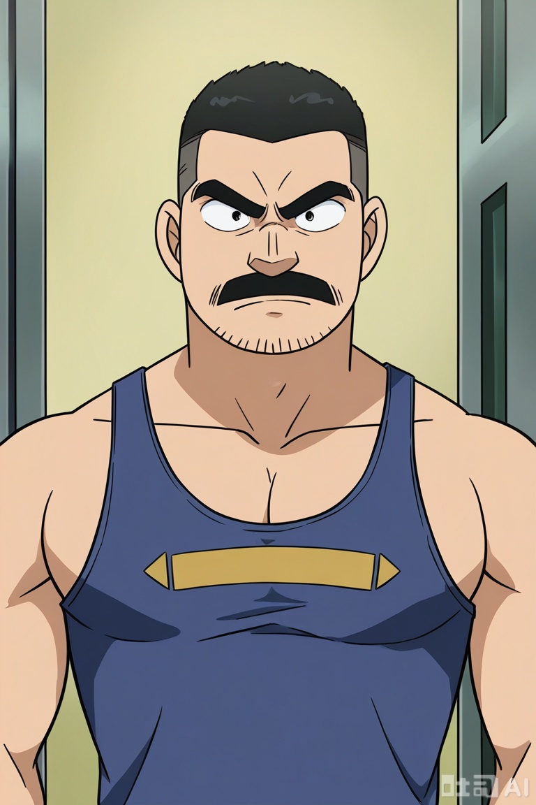 masterpiece, best quality, highres, absurdres,
by Gôshô Aoyama, 
Joseph Meguire,Police officer, the case scene, meticulous, investigation, serious expression,
1man, solo, looking at viewer, cool,short hair,**** top, black hair, closed mouth, male focus,facial hair,upper_body, bara, beard, close-up, sideburns, stubble, personable, macho,