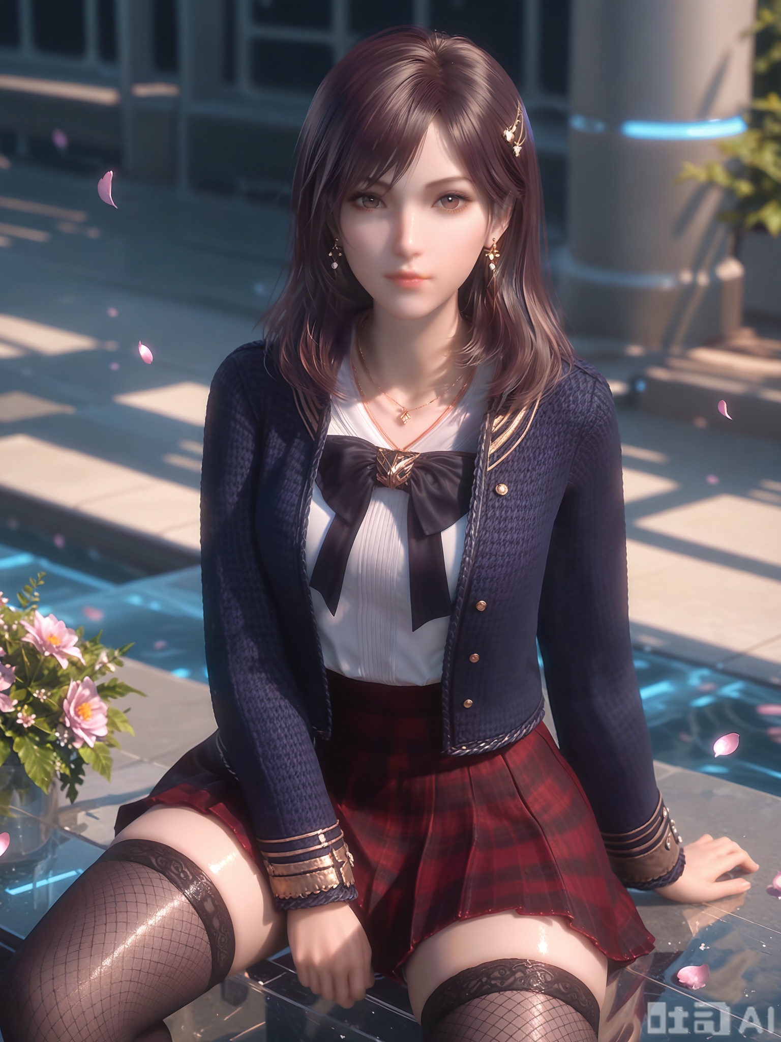 score_9,score_8_up,score_7_up,realistic,photorealistic,1girl,looking_at_viewer,realistic,1girl,Vivid Colors,bright environment,delicate water,hair_ornament,shiny skin,shiny hair,reflection,dress,flower sea,falling petals,extreme detail description,(upper body:0.3),long_hair,(skindentation:1.3),Fishnet stockings,bright,sunshine on face,light,light,sitting_down,glowing,sunshine,bright,reflection,leg slimming,lose weight,slim hips,brown eyes,earrings,hair ornament,necklace,thighhighs,skirt,jacket,plaid,red skirt,school uniform,bow,