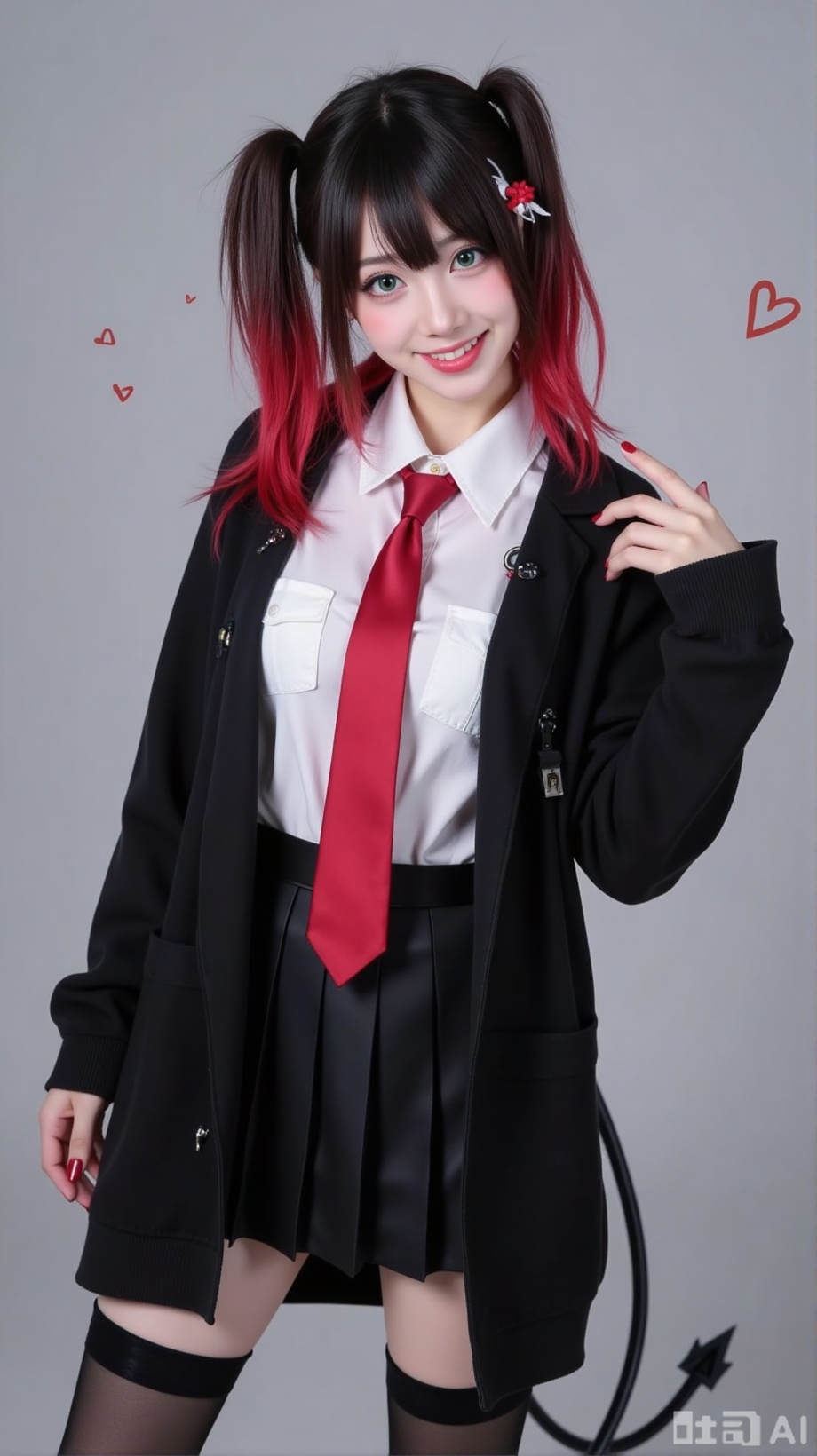 1girl,green eyes,thighhighs,skirt,red hair,solo,tail,necktie,multicolored hair,red necktie,demon tail,red nails,ahoge,black hair,shirt,black thighhighs,jacket,pleated skirt,grey background,hair ornament,black skirt,smile,looking at viewer,black jacket,closed mouth,gradient hair,long sleeves,open clothes,collared shirt,hair between eyes,two side up,nail polish,open jacket,bangs,medium hair,white shirt,two-tone hair,hand on hip,love,Floating heart,pointing_at_self,masterpiece,extremely delicate and beautiful,best quality,artistic style,fashionable,cool and fashionable,masterpiece,best quality,good quality,very aesthetic,A shot with tension,impactful picture,offcial art,colorful,splash of color,movie perspective,masterpiece,facing the lens,best quality,very aesthetic,extremely delicate and beautiful,huge filesize,amazing quality,32K UHD,black_background,