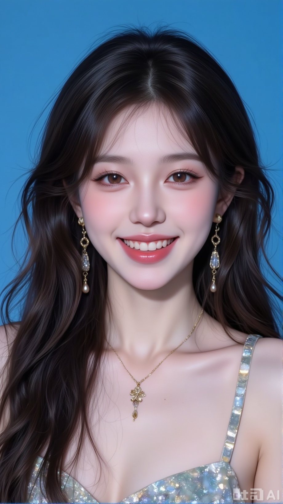 A solo girl with long, black hair and a smile, looking directly at the viewer with brown eyes and wearing a dress. She has jewelry, including earrings and a necklace, with her teeth showing in a grin. The scene is set against a blue background, creating a realistic image.