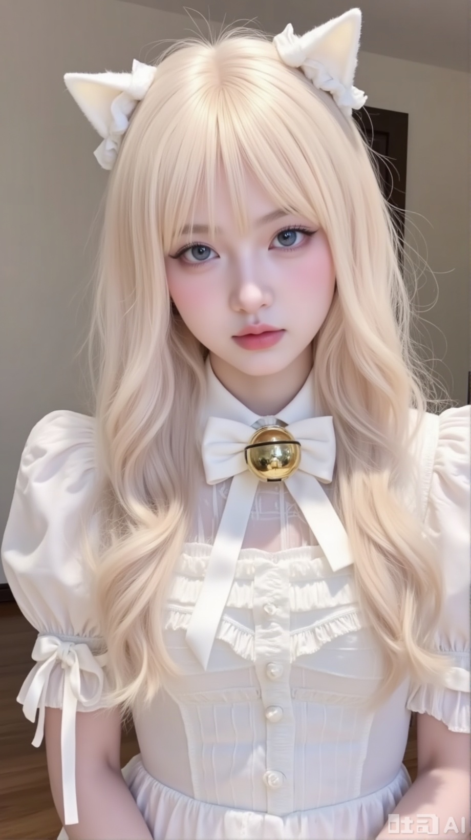 A close-up shot of a solo girl with long, blonde hair and blue eyes, dressed in a white dress with a bow and ribbon. She has cat ears and a bowtie, standing with puffy short sleeves and looking directly at the viewer. Her bangs frame her face, and she wears a white bell on her wrist. The lighting is soft and realistic, highlighting her upper body and facial features.