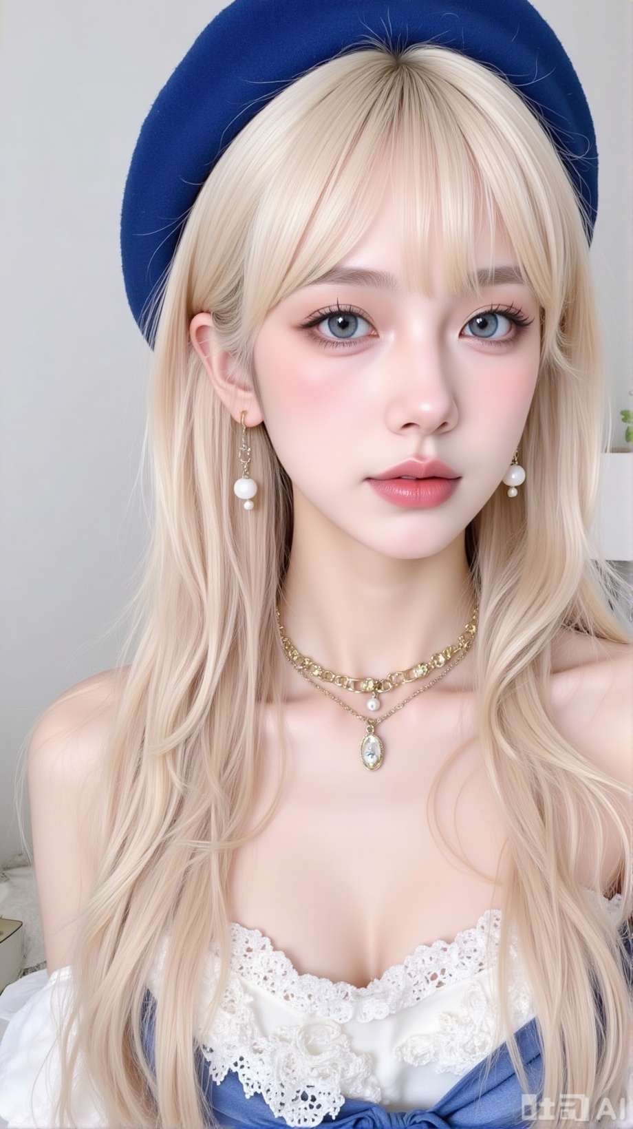 1girl, solo, long hair, breasts, looking at viewer, blue eyes, blonde hair, hat, bare shoulders, jewelry, closed mouth, upper body, earrings, choker, lips, blue headwear, realistic