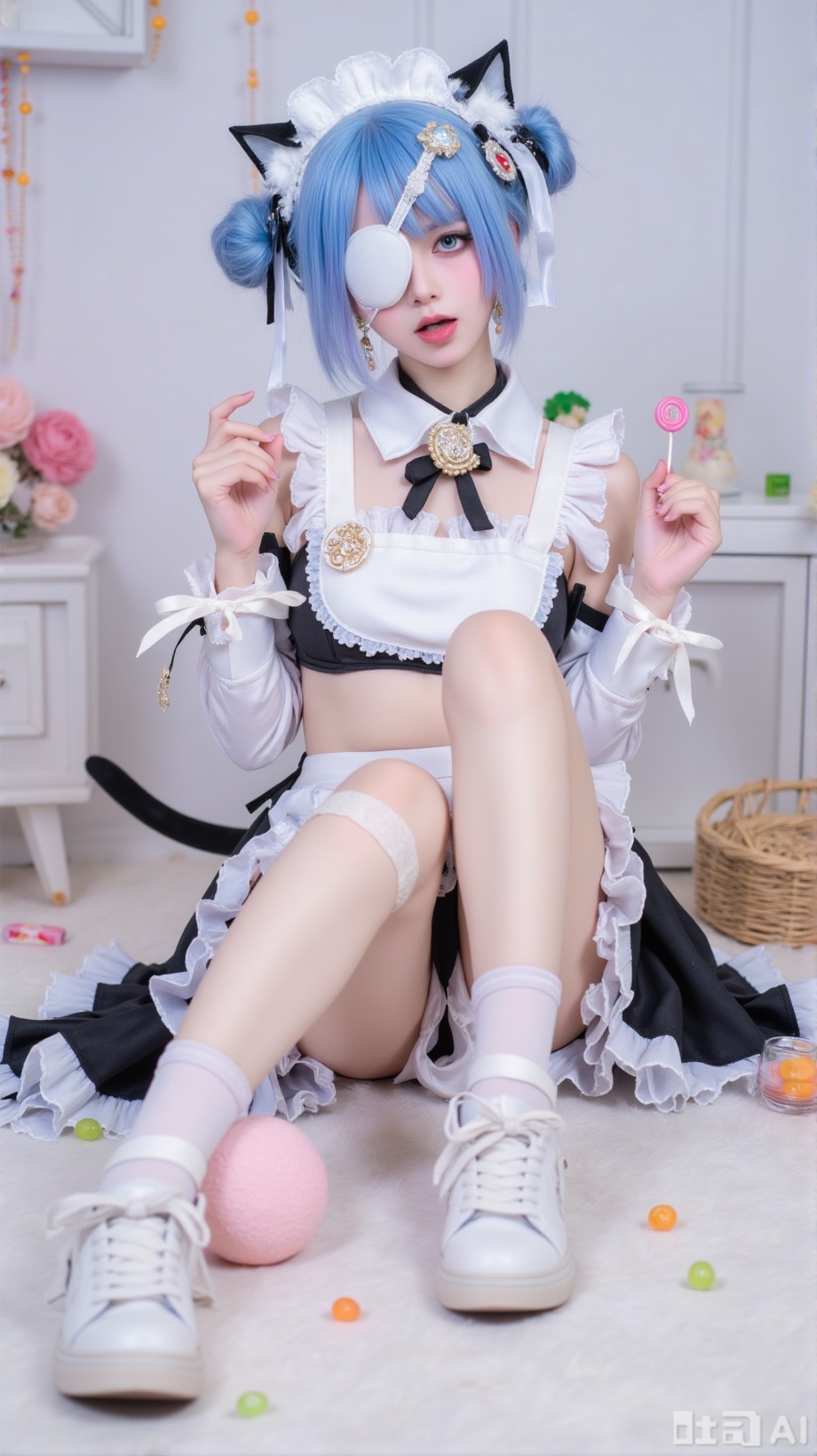 1girl,eyepatch,solo,animal ears,blue hair,tail,cat ears,crop top,food,socks,medical eyepatch,hair ornament,maid headdress,cat tail,bandaid,hair bun,skirt,blue eyes,double bun,shoes,looking at viewer,frills,bandaid on leg,blurry foreground,tail ornament,short hair,detached sleeves,lollipop,sitting,jewelry,breasts,long sleeves,cat girl,bangs,candy,animal ear fluff,apron,blurry,midriff,tongue,tongue out,sneakers,sleeves past wrists,shirt,thigh strap,bow,loose socks,bandaid on knee,white footwear,earrings,white bow,ribbon,hairclip,