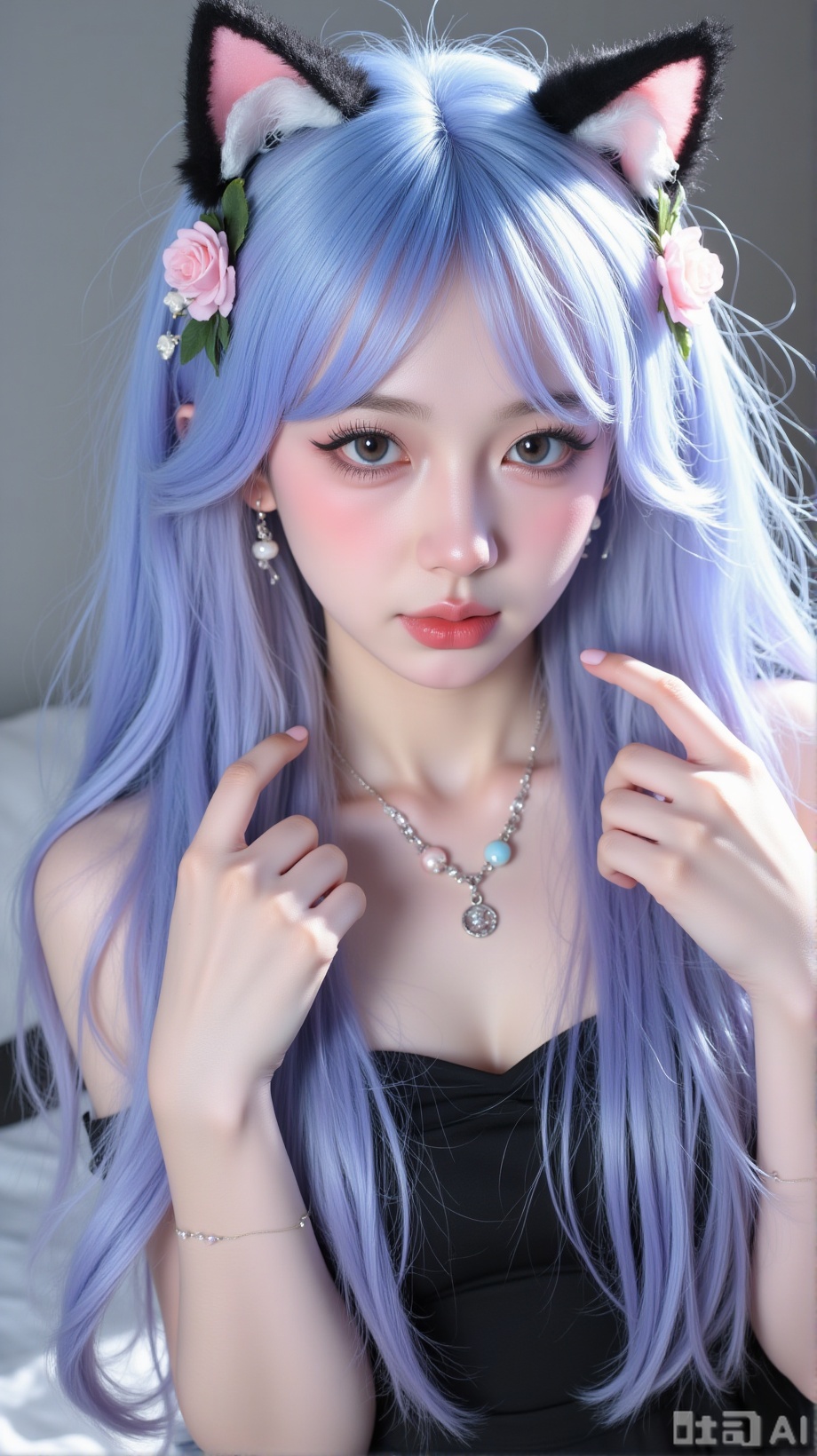 A close-up shot of a girl with long, blue-pink hair adorned with a hair ornament and a flower. She is wearing a black dress and holds cat ears, complemented by earrings and a necklace. The lighting is soft and natural, highlighting her upper body and the intricate details of her attire and accessories. The composition focuses on her face and hands, capturing an enchanting and playful expression.