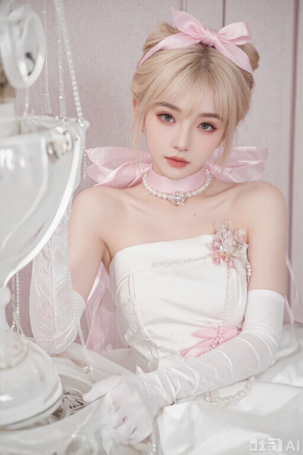 1girl, solo, looking at viewer, bangs, blonde hair, gloves, dress, bow, ribbon, bare shoulders, jewelry, sitting, green eyes, collarbone, hair bow, choker, elbow gloves, indoors, white gloves, necklace, hair bun, white dress, blurry, lips, strapless, pink bow, gem, strapless dress, pink ribbon, beads, wedding dress, realistic, pearl necklace, pearl \(gemstone\)
