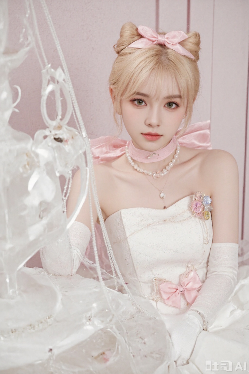 1girl, solo, looking at viewer, bangs, blonde hair, gloves, dress, bow, ribbon, bare shoulders, jewelry, sitting, green eyes, collarbone, hair bow, choker, elbow gloves, indoors, white gloves, necklace, hair bun, white dress, blurry, lips, strapless, pink bow, gem, strapless dress, pink ribbon, beads, wedding dress, realistic, pearl necklace, pearl \(gemstone\)