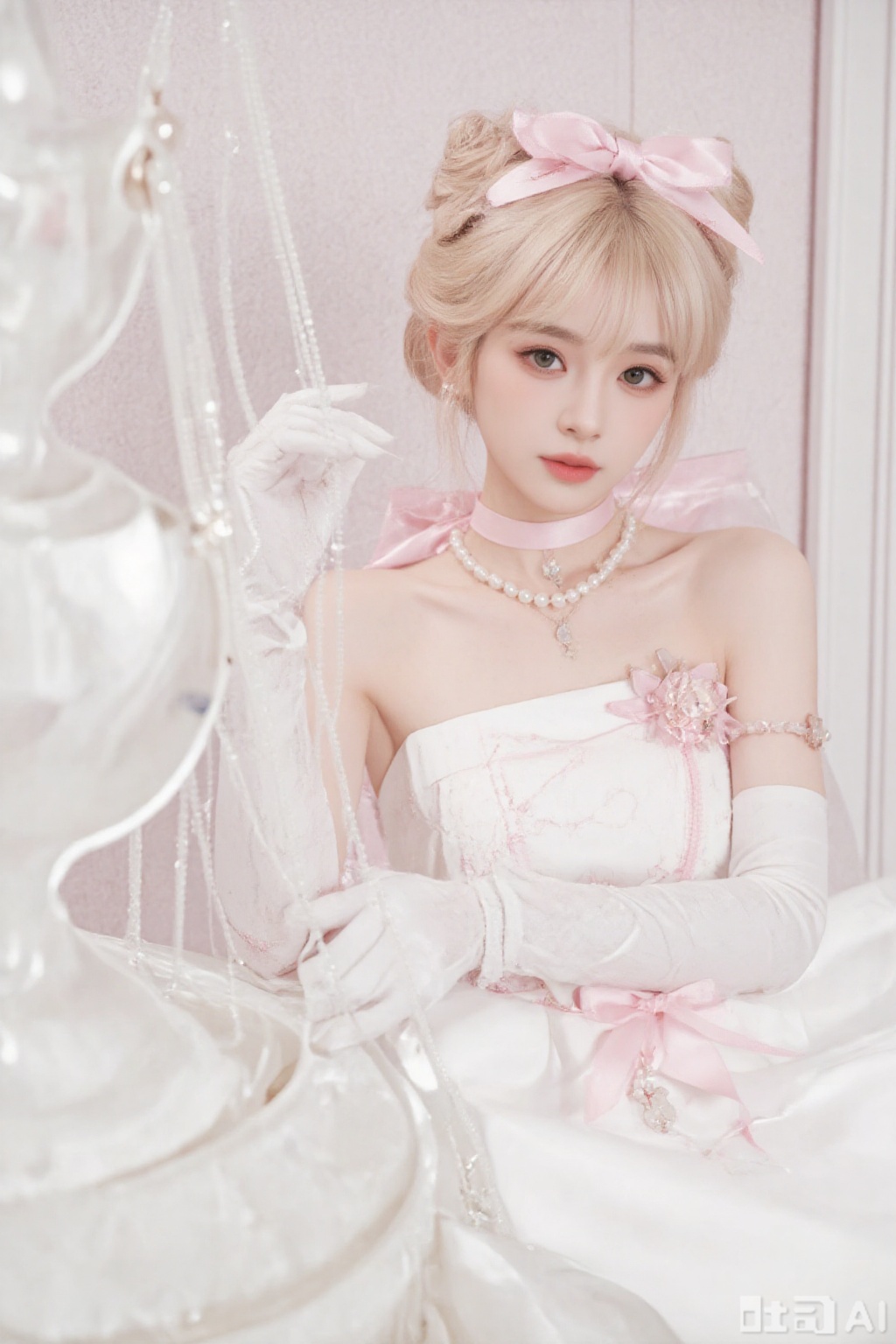 1girl, solo, looking at viewer, bangs, blonde hair, gloves, dress, bow, ribbon, bare shoulders, jewelry, sitting, green eyes, collarbone, hair bow, choker, elbow gloves, indoors, white gloves, necklace, hair bun, white dress, blurry, lips, strapless, pink bow, gem, strapless dress, pink ribbon, beads, wedding dress, realistic, pearl necklace, pearl \(gemstone\)