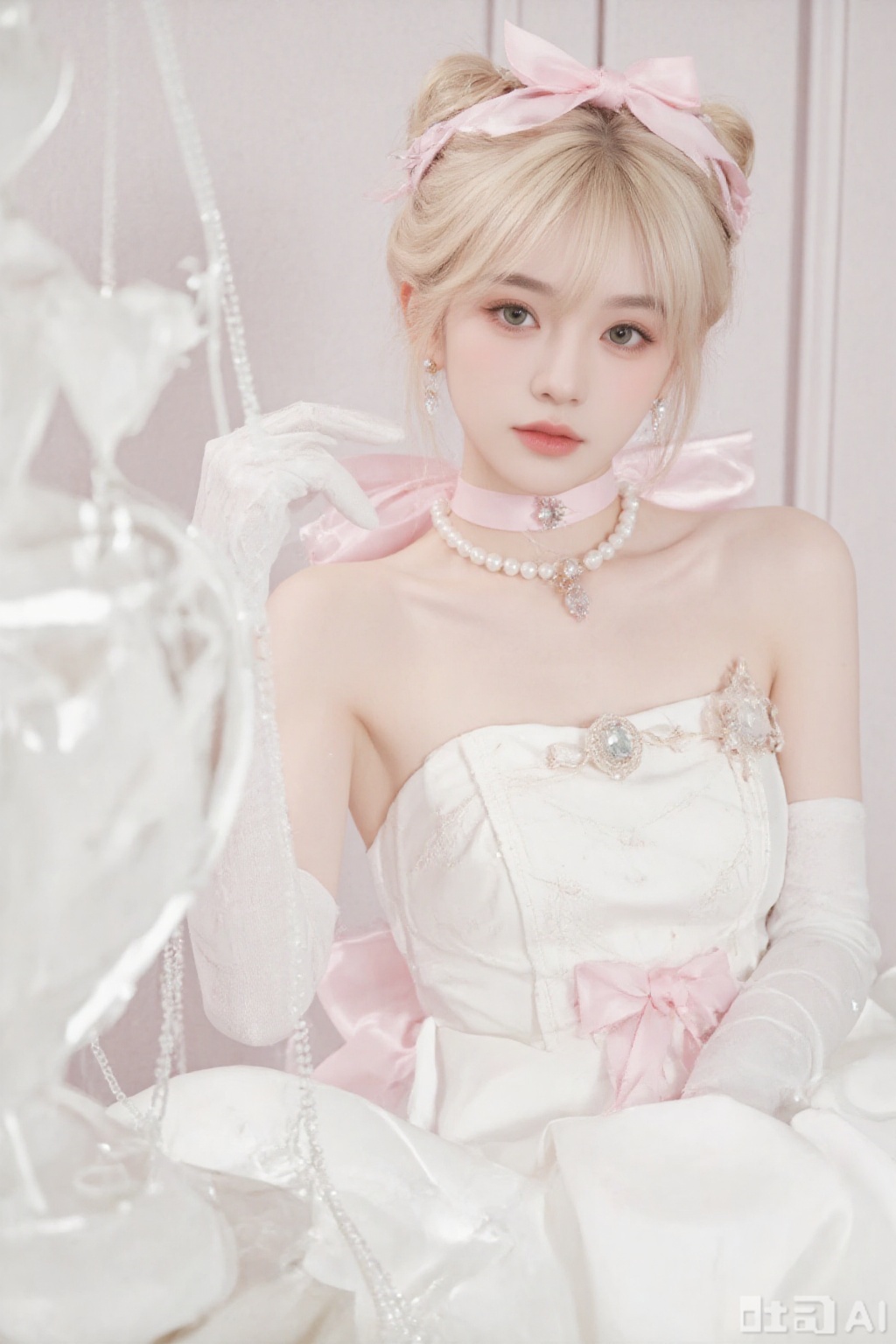 1girl, solo, looking at viewer, bangs, blonde hair, gloves, dress, bow, ribbon, bare shoulders, jewelry, sitting, green eyes, collarbone, hair bow, choker, elbow gloves, indoors, white gloves, necklace, hair bun, white dress, blurry, lips, strapless, pink bow, gem, strapless dress, pink ribbon, beads, wedding dress, realistic, pearl necklace, pearl \(gemstone\)