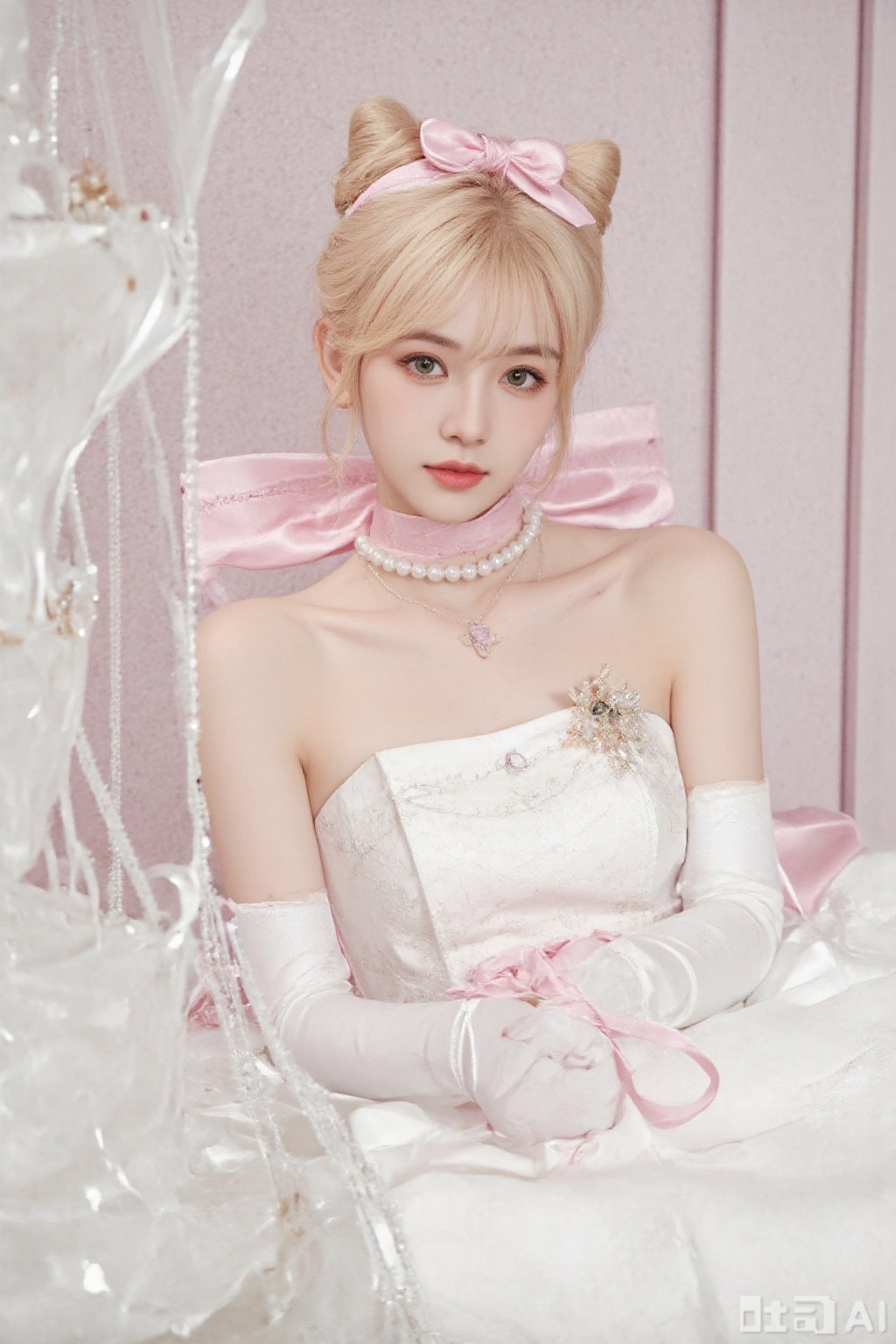 1girl, solo, looking at viewer, bangs, blonde hair, gloves, dress, bow, ribbon, bare shoulders, jewelry, sitting, green eyes, collarbone, hair bow, choker, elbow gloves, indoors, white gloves, necklace, hair bun, white dress, blurry, lips, strapless, pink bow, gem, strapless dress, pink ribbon, beads, wedding dress, realistic, pearl necklace, pearl \(gemstone\)
