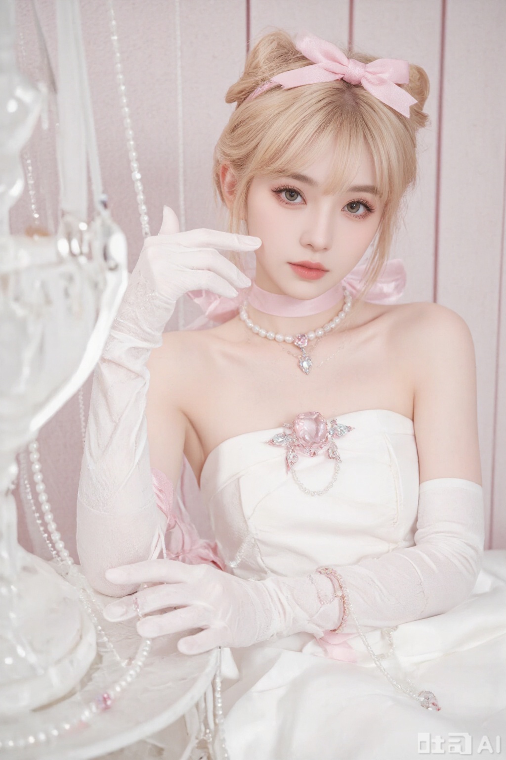 1girl, solo, looking at viewer, bangs, blonde hair, gloves, dress, bow, ribbon, bare shoulders, jewelry, sitting, green eyes, collarbone, hair bow, choker, elbow gloves, indoors, white gloves, necklace, hair bun, white dress, blurry, lips, strapless, pink bow, gem, strapless dress, pink ribbon, beads, wedding dress, realistic, pearl necklace, pearl \(gemstone\)