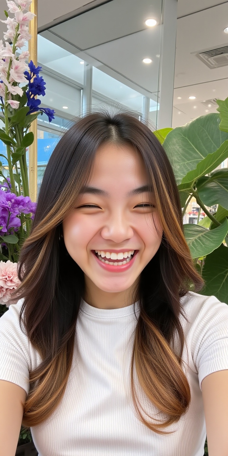 A young woman with long,  dark brown hair that has lighter brown highlights is smiling widely,  her eyes squinted in joy....