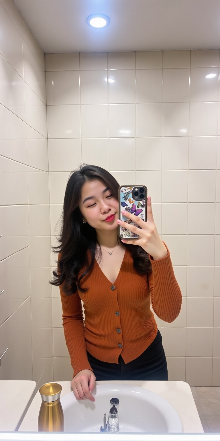 a person taking a selfie in a bathroom mirror. The background consists of white tiled walls and floor,  with ceiling light...