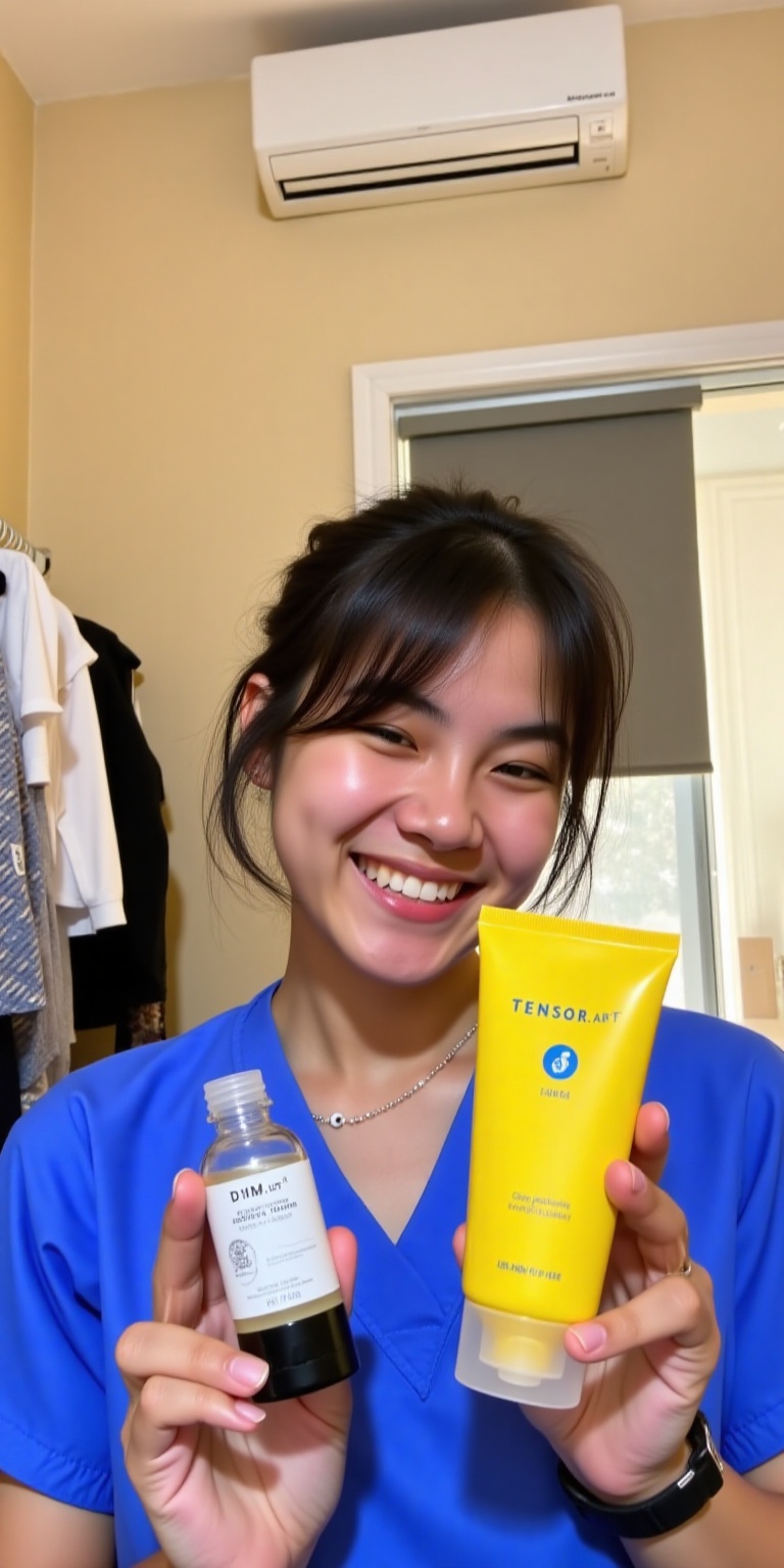 a person with dark,  slightly messy hair,  wearing a blue scrub top with a small white design on the left side. She is hol...