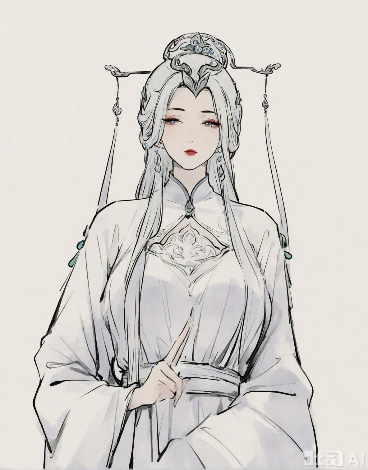 ((very awa)),(solo),highly detailed,(best quality),((masterpiece)),1girl,spot color,shouhui,lineart,upper_body,chi,,watercolor \(medium\),simple background,sketch,lineart,flat color,ge,looking at viewer,,jian,long hair,hair ornament,colored skin,dress,purple lips,makeup,white background,(mature female),