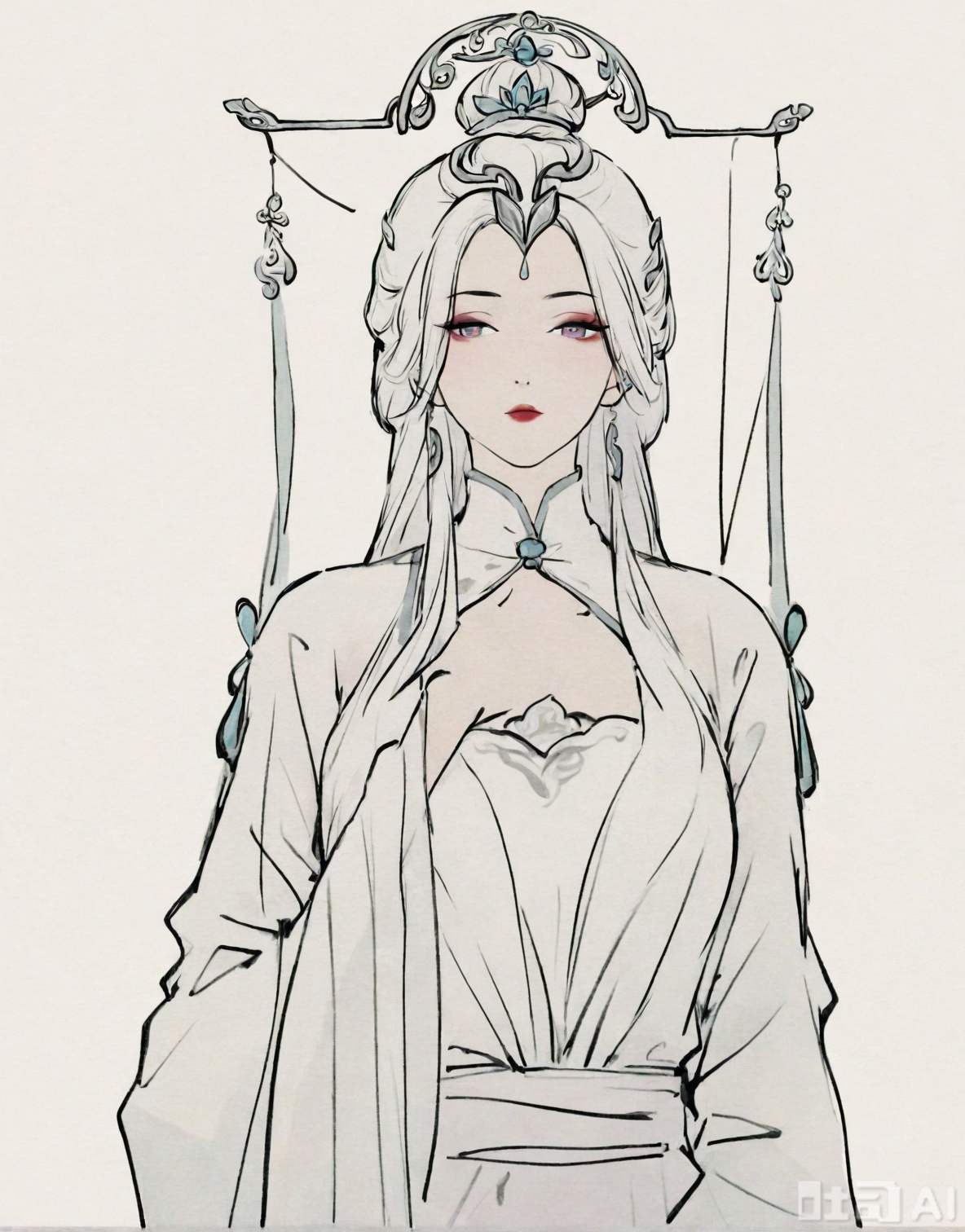 ((very awa)),(solo),highly detailed,(best quality),((masterpiece)),1girl,spot color,shouhui,lineart,upper_body,chi,,watercolor \(medium\),simple background,sketch,lineart,flat color,ge,looking at viewer,,jian,long hair,hair ornament,colored skin,dress,purple lips,makeup,white background,(mature female),