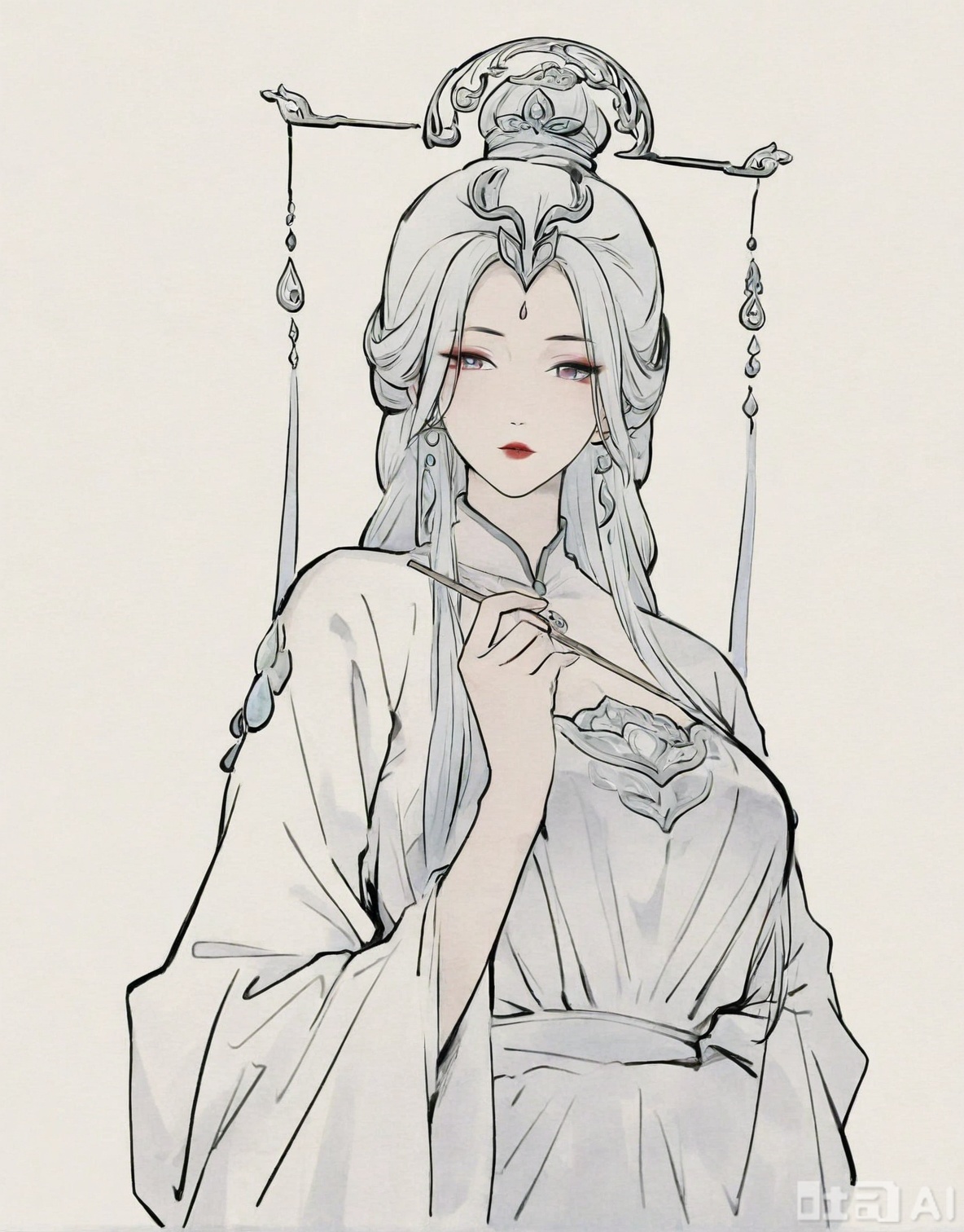 ((very awa)),(solo),highly detailed,(best quality),((masterpiece)),1girl,spot color,shouhui,lineart,upper_body,chi,,watercolor \(medium\),simple background,sketch,lineart,flat color,ge,looking at viewer,,jian,long hair,hair ornament,colored skin,dress,purple lips,makeup,white background,(mature female),