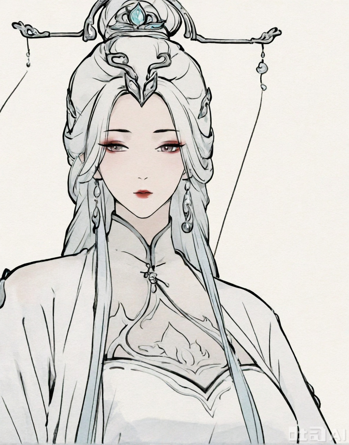 ((very awa)),(solo),highly detailed,(best quality),((masterpiece)),1girl,spot color,shouhui,lineart,upper_body,chi,,watercolor \(medium\),simple background,sketch,lineart,flat color,ge,looking at viewer,,jian,long hair,hair ornament,colored skin,dress,purple lips,makeup,white background,(mature female),