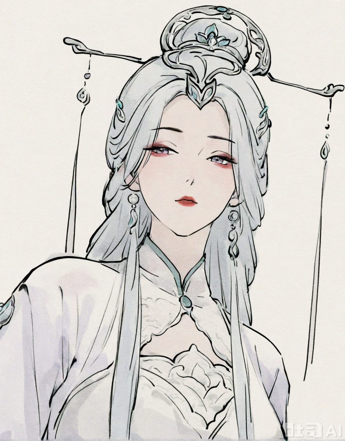 ((very awa)),(solo),highly detailed,(best quality),((masterpiece)),1girl,spot color,shouhui,lineart,upper_body,chi,,watercolor \(medium\),simple background,sketch,lineart,flat color,ge,looking at viewer,,jian,long hair,hair ornament,colored skin,dress,purple lips,makeup,white background,(mature female),