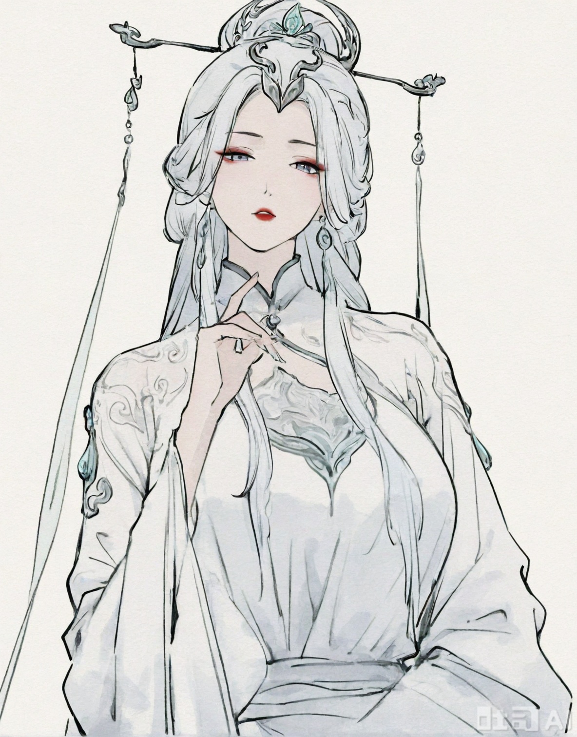 ((very awa)),(solo),highly detailed,(best quality),((masterpiece)),1girl,spot color,shouhui,lineart,upper_body,chi,,watercolor \(medium\),simple background,sketch,lineart,flat color,ge,looking at viewer,,jian,long hair,hair ornament,colored skin,dress,purple lips,makeup,white background,(mature female),