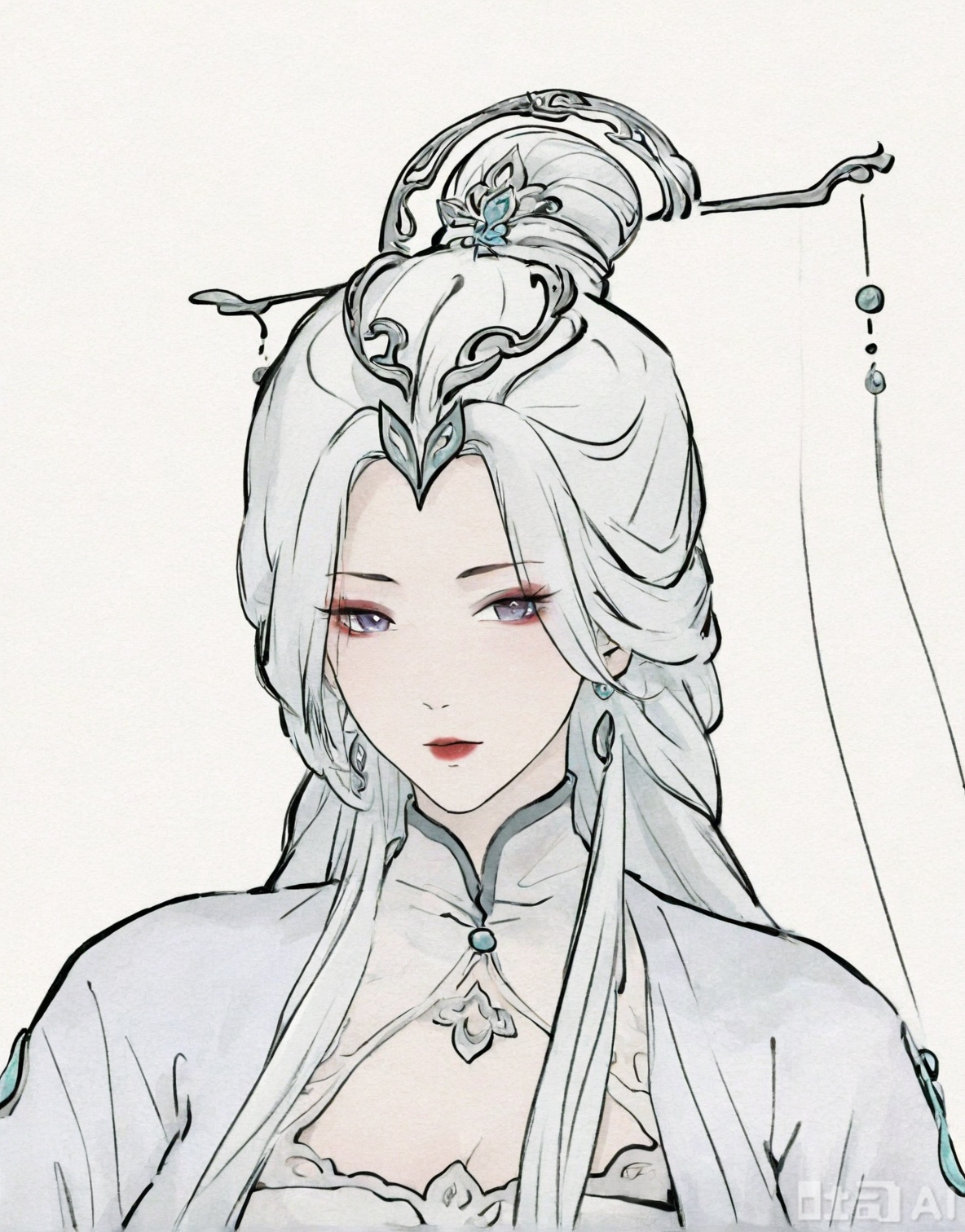 ((very awa)),(solo),highly detailed,(best quality),((masterpiece)),1girl,spot color,shouhui,lineart,upper_body,chi,,watercolor \(medium\),simple background,sketch,lineart,flat color,ge,looking at viewer,,jian,long hair,hair ornament,colored skin,dress,purple lips,makeup,white background,(mature female),