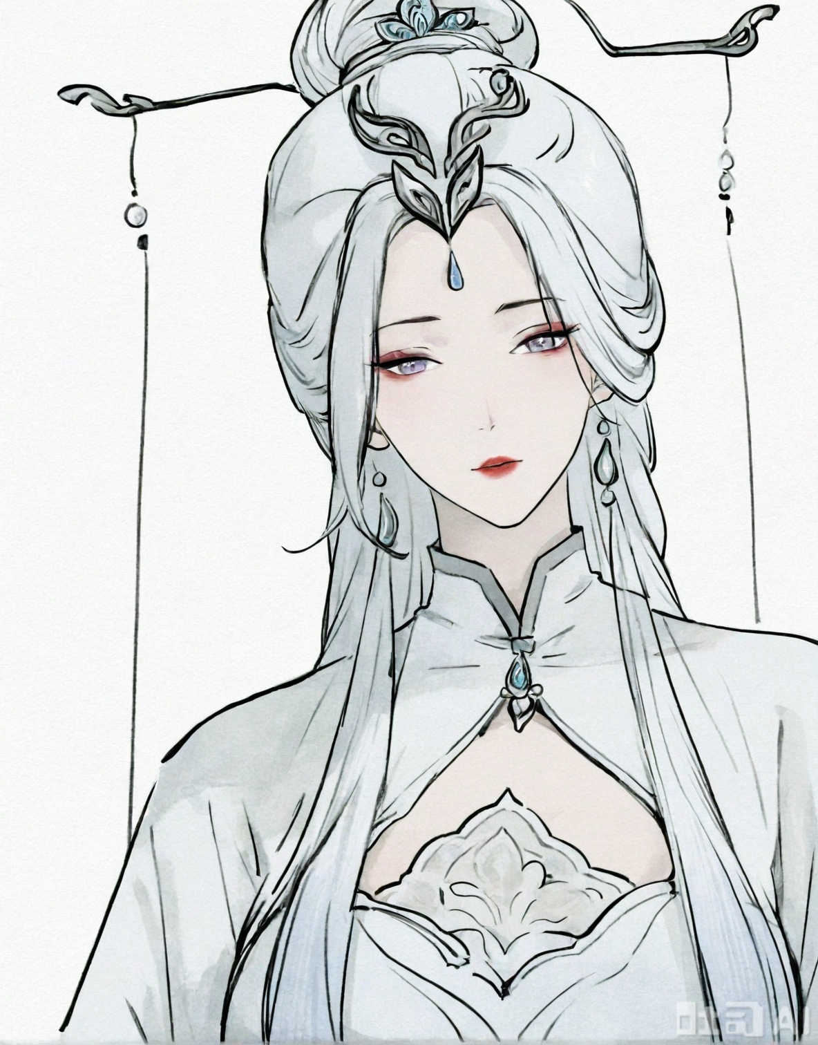 ((very awa)),(solo),highly detailed,(best quality),((masterpiece)),1girl,spot color,shouhui,lineart,upper_body,chi,,watercolor \(medium\),simple background,sketch,lineart,flat color,ge,looking at viewer,,jian,long hair,hair ornament,colored skin,dress,purple lips,makeup,white background,(mature female),