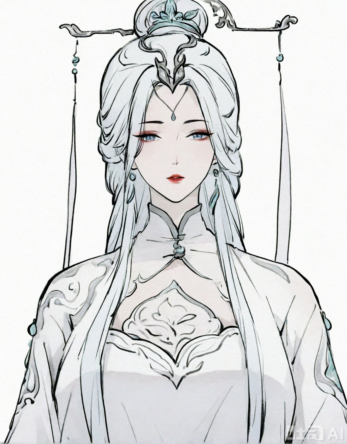 ((very awa)),(solo),highly detailed,(best quality),((masterpiece)),1girl,spot color,shouhui,lineart,upper_body,chi,,watercolor \(medium\),simple background,sketch,lineart,flat color,ge,looking at viewer,,jian,long hair,hair ornament,colored skin,dress,purple lips,makeup,white background,(mature female),