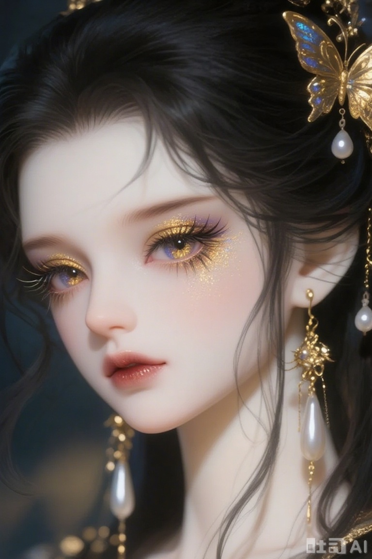 This image showcases a dream-inspired virtual character with exceptionally refined facial adornments, including:

Golden Eyeshadow: Her eyes are accentuated with golden eyeshadow infused with blue and gold shimmer, enhancing their brightness and allure.
Long Lashes: Framed by voluminous and curled lashes that elegantly complement her eyes.
Pearl Earrings: She wears elongated pearl earrings adorned with delicate golden butterfly accents, harmonizing with her overall ornamental style.

Her black hair features decorative adornments like golden hair accessories and pearl accents, elevating her appearance with nobility and grace. The entire aesthetic radiates fantasy and opulence, evoking an enchanted fairytale ambiance.