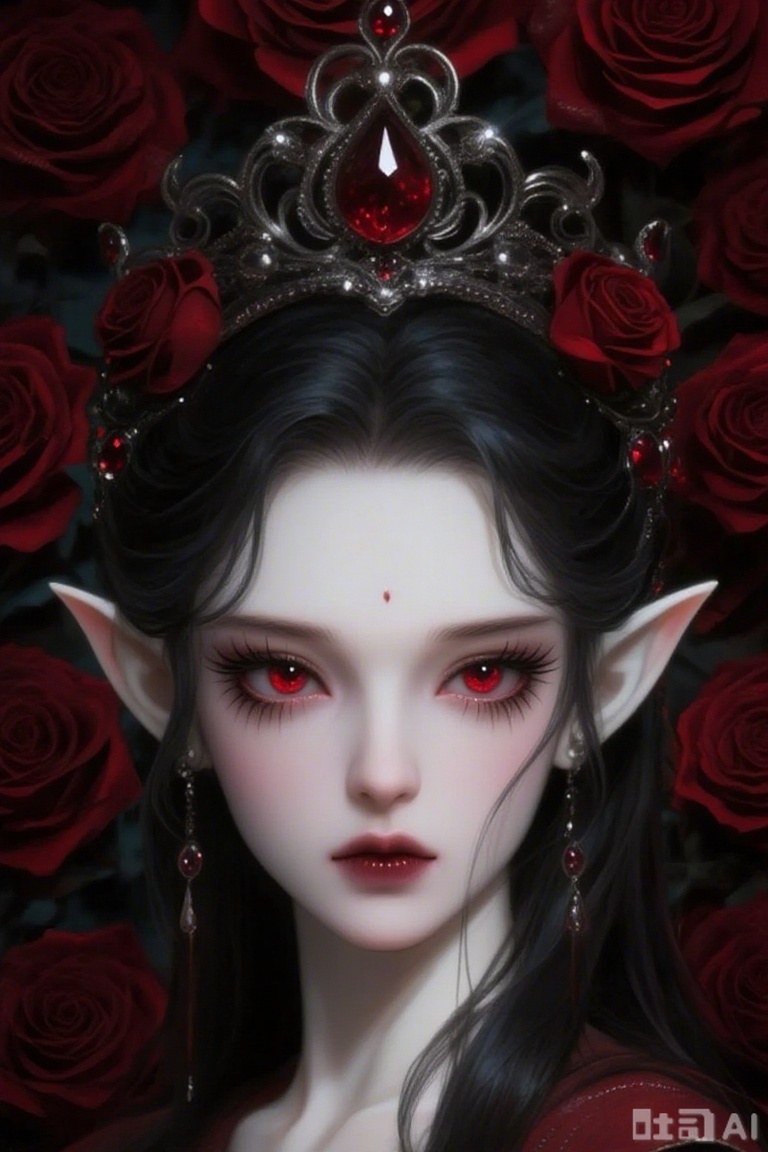 This image showcases a fantasy-style elven female character. She possesses pointed ears and pale skin, with large, captivating eyes accentuated by dramatic makeup that lends her a mysterious and enchanting aura. Her lips are painted a deep crimson, perfectly complementing her overall appearance.

She wears an ornate crown adorned with red gemstones, echoing the color of her eyes. Her lustrous black hair cascades over her shoulders, adding an elegant and mysterious quality to her presence.

The background is adorned with vibrant red roses, which harmonize with her crown and eye color, creating a romantic yet enigmatic atmosphere. Dominated by a palette of red and black, the entire composition evokes a sense of mystery and regal sophistication.