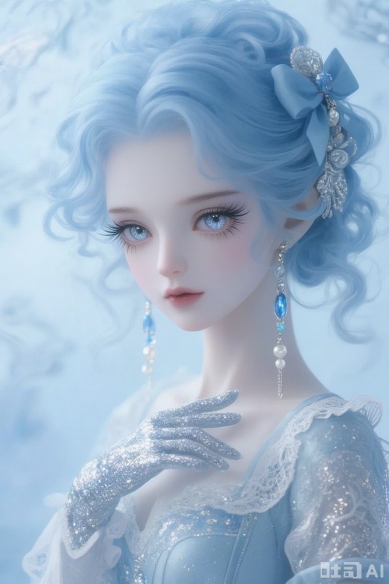 This image showcases a virtual character dressed in elegant attire. Her hair is a soft blue shade, curly and fluffy, adorned with a delicate blue bow and pearl accessories. She wears long blue earrings inlaid with sparkling blue gemstones. Her eyes are large and bright, framed by thick lashes, exuding a mysterious and dreamy aura.

She is dressed in a pale blue gown with lace accents and wears glittering gloves, creating an overall look that is both refined and graceful. The background features a soft blue palette, which complements her attire and hair color, evoking a dreamlike atmosphere.