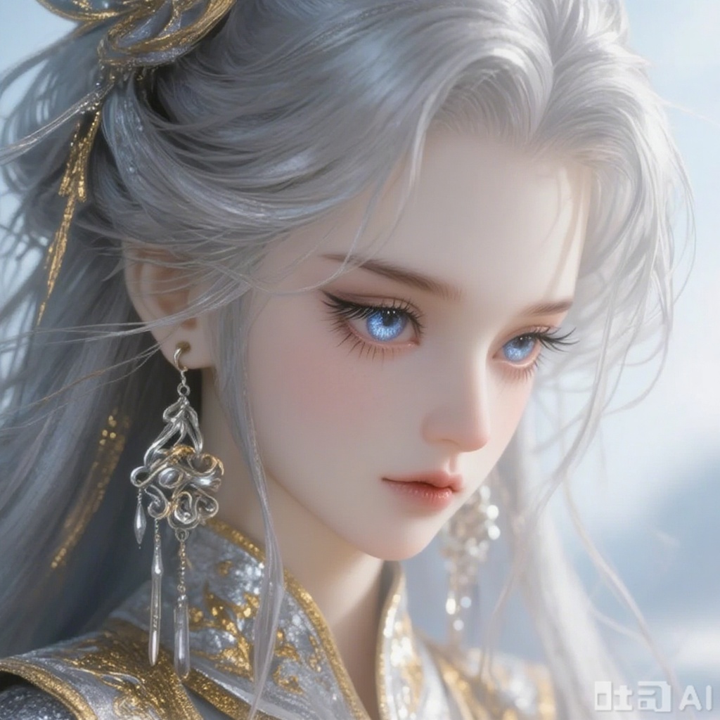 This image showcases a female character with long silver hair. Her eyes are large and bright, with blue pupils that convey an air of mystery and elegance. She wears a pair of exquisite earrings featuring intricate designs and a metallic sheen, which perfectly complement her overall appearance.

Clad in ornate attire adorned with gold and silver patterns, she exudes a sense of opulence and grandeur. The deliberately blurred background draws focus to the character, creating a dreamy and aesthetic ambiance throughout the scene.